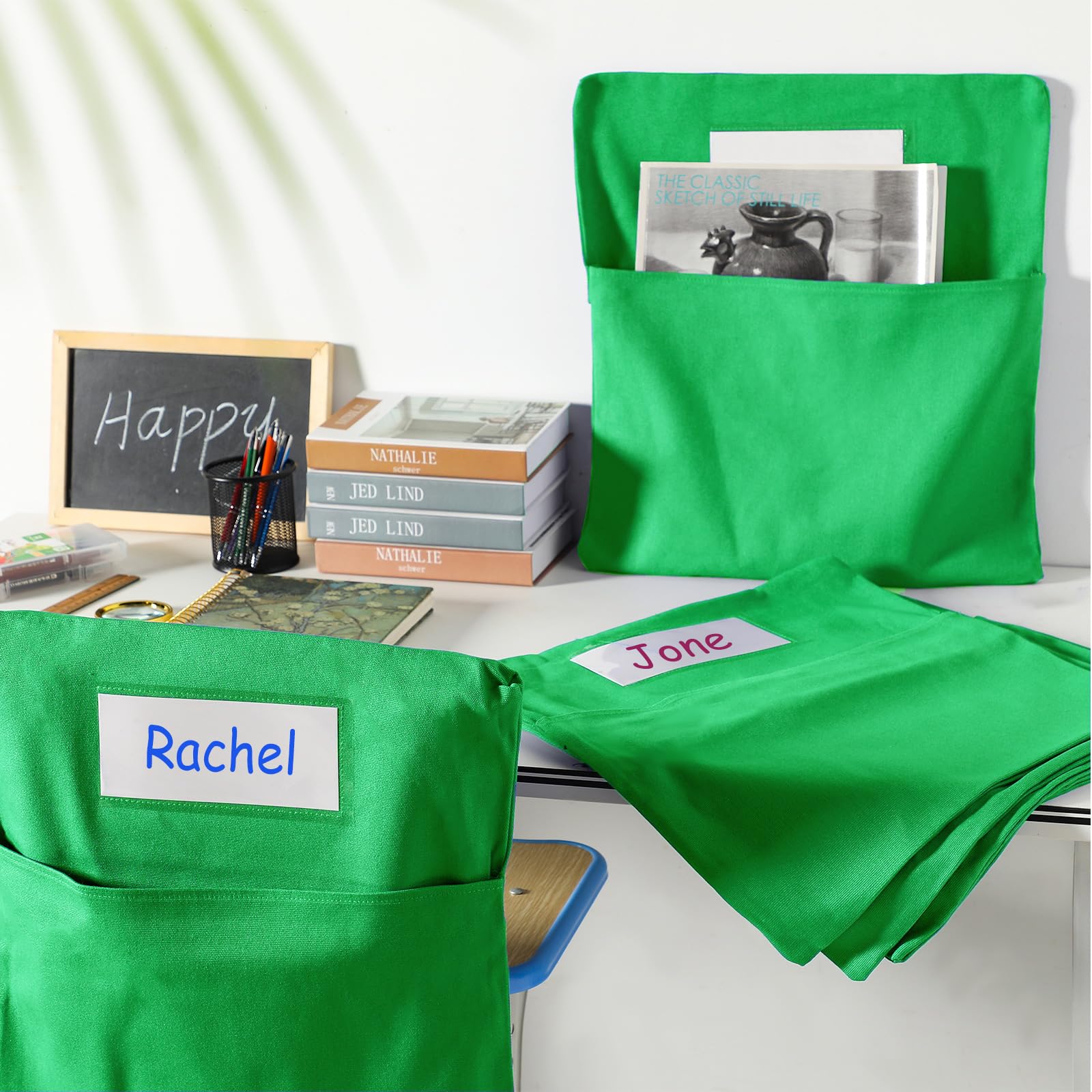 24 tasche portaoggetti per sedie da 43 cm, tasche per sedie per aule, tasche per sedie per studenti, organizer per sedie in classe, con etichetta per il nome, per mantenere organizzato il libro degli