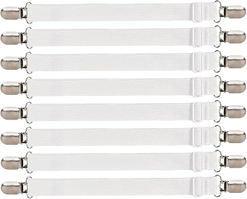 8 Stück Bettlakenspanner Verstellbar(30cm-130cm), Lakenspanner mit Metallclips, Matratzenspanner für Bettlaken, Matratze, Sofa, Bügelbrett(Weiß)