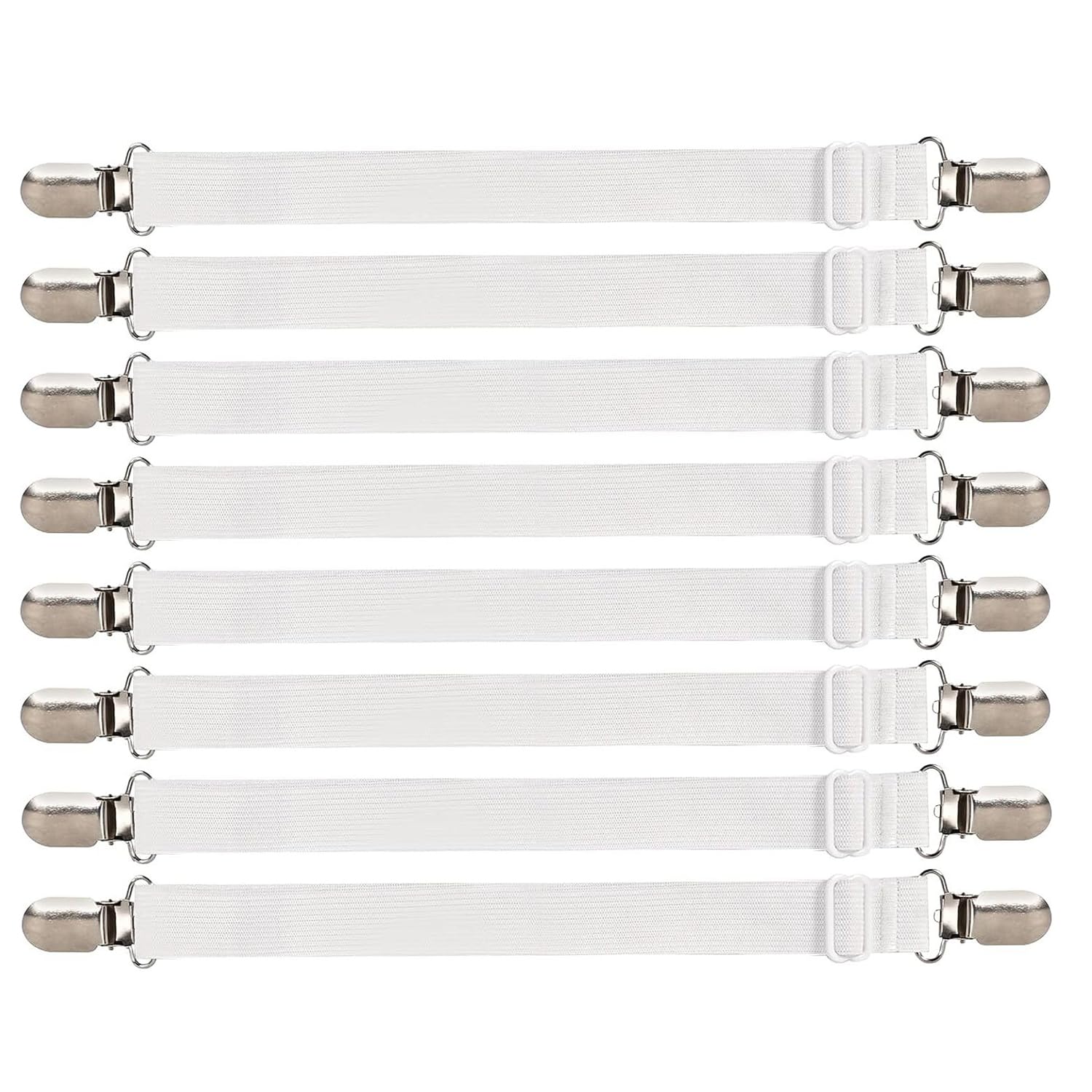 iCovalescent 8 Pezzi Elastici per Lenzuola(30cm-130cm), Clip Lenzuola Bretelle Regolabili Elastici per Materasso, ASSE da Stiro O Divano ECC(Bianco)