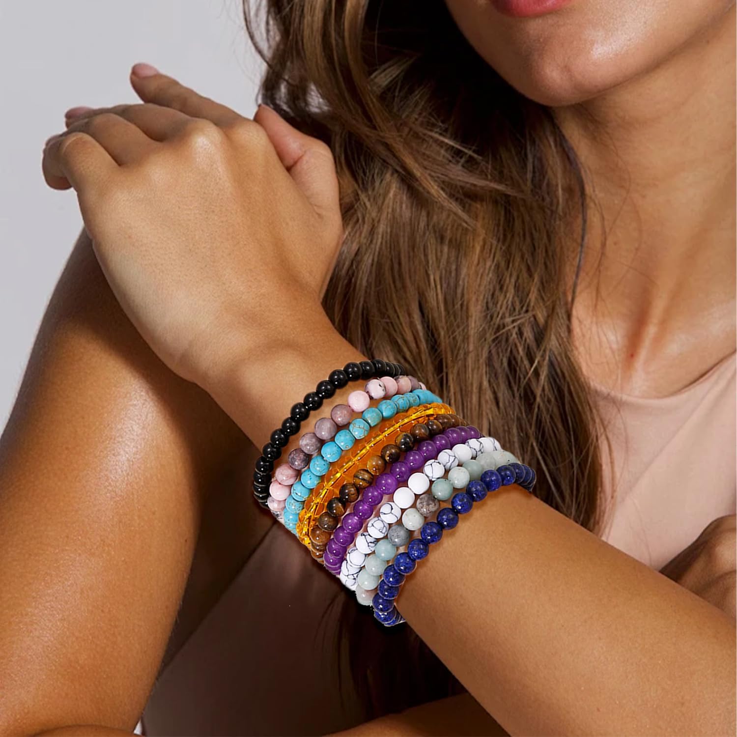 BROCC 9pcs Beaded Bracelets for Women Natural Healing Crystal Stone Bracelet Unisex Adjustable Stretch Handmade 6mm Beaded Jewelry Set - Image 5