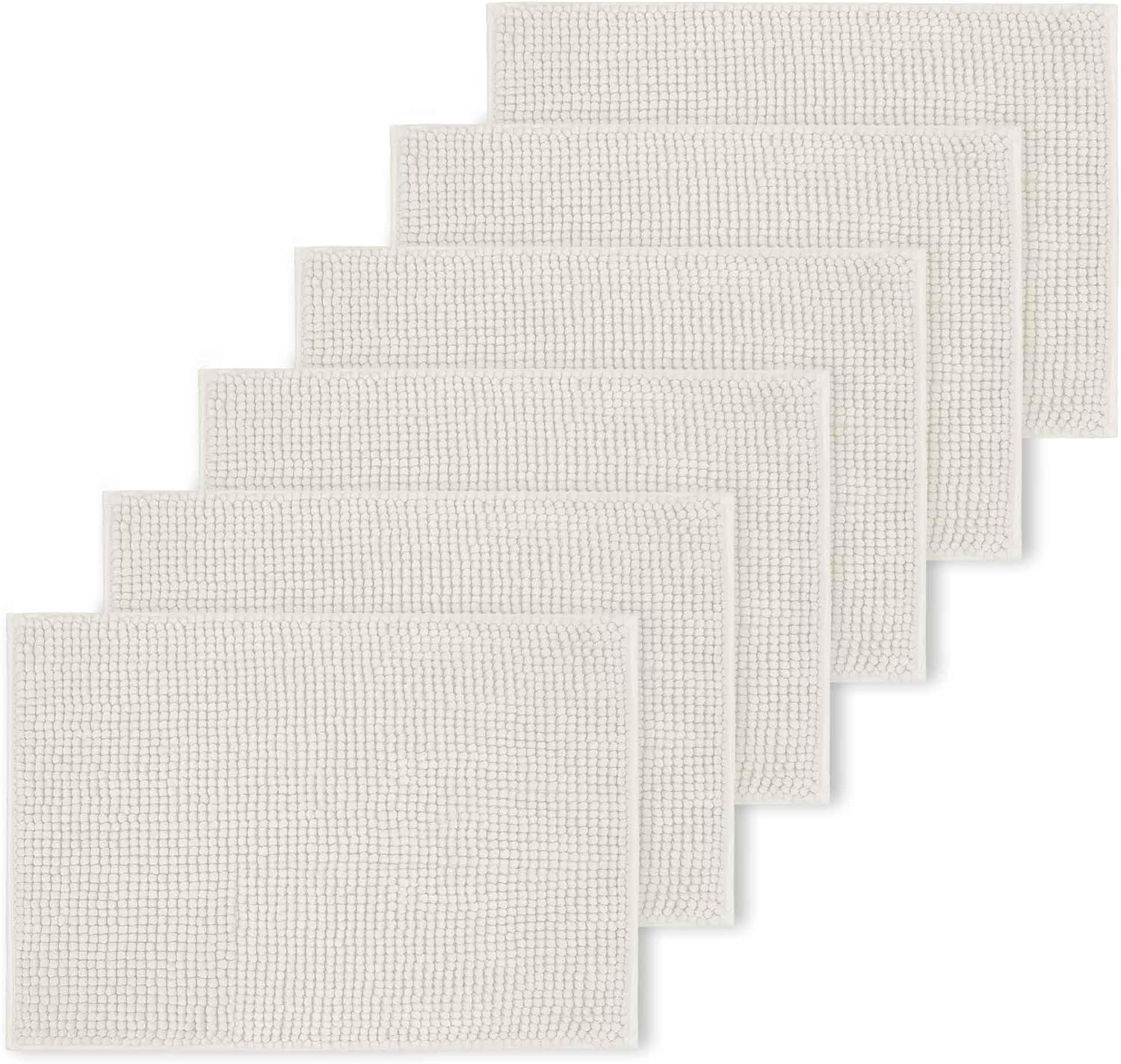 Imperial Rooms Bath Mat Non Slip Anti Mould (6 pack) - White Bath Mats 50x80cm, Chenille Bathroom Mat Super Absorbent Extra Soft Fluffy Shower Mat
