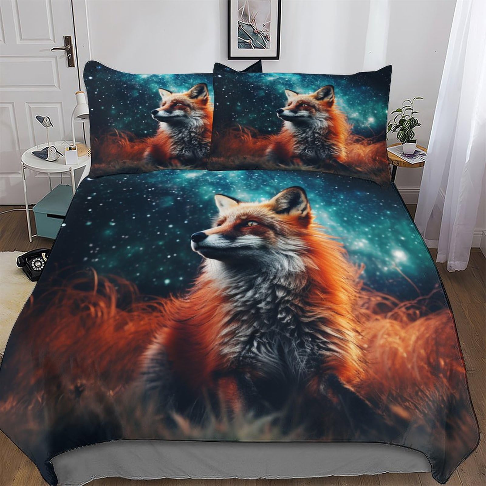 Housse de couette coton 220x240 avec taie d'oreiller parure de lit 3 pièces motif renard doux
