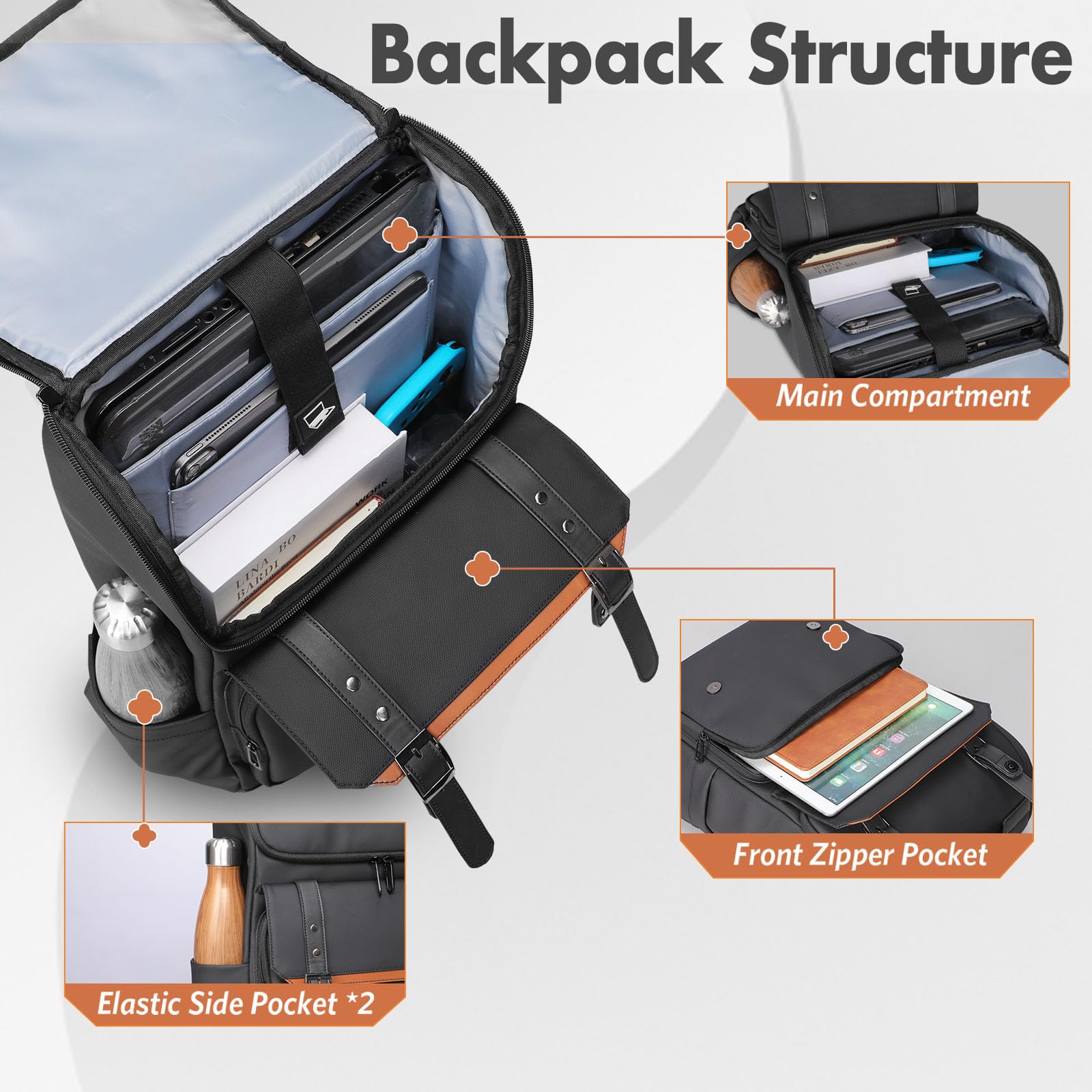 hk Mochila Vintage para Hombre Mujer, Mochila Portátil 15.6 Pulgadas | con Solapa Magnética, Mochila con tapa, Ligera Impermeable, Mochila Trabajo Viaje Universidad Mochila Antirrobo Casual,Negro