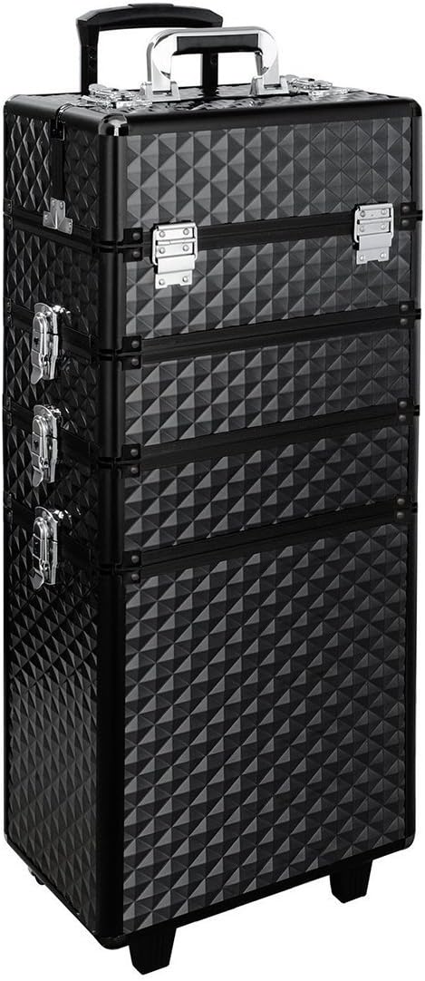 Extra Large Beauty Trolley on Wheels Makeup Train Case 4 in 1 Beauty Vanity Case Professional Hairdressing Storage Case for Artists Beautician, Diamond Black