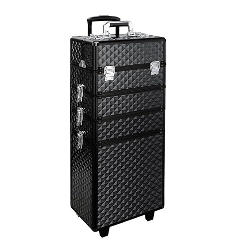 Warmiehomy Extra Large Beauty Trolley on Wheels Makeup Train Case 4 in 1 Beauty Vanity Case Professional Hairdressing Storage Case for Artists Beautician, Diamond Black - Diamond Black