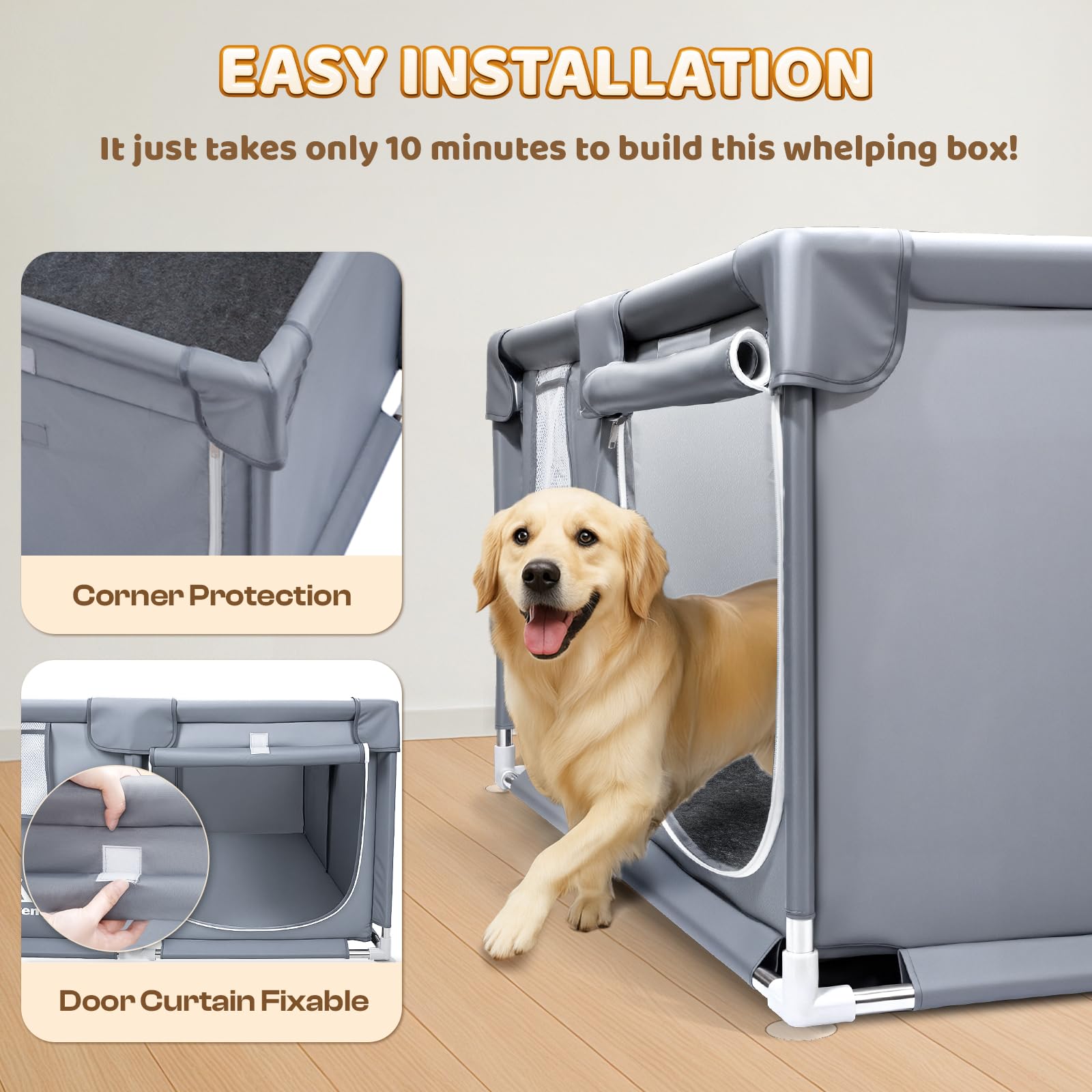 Pawtenda Caja de parto para perros y cachorros, con kit de cuidado de cachorros de 5 piezas | 47 x 47 x 24 pulgadas, para perros de raza mediana y grande, corralito de tela Oxford resistente al desgarro con ventosas