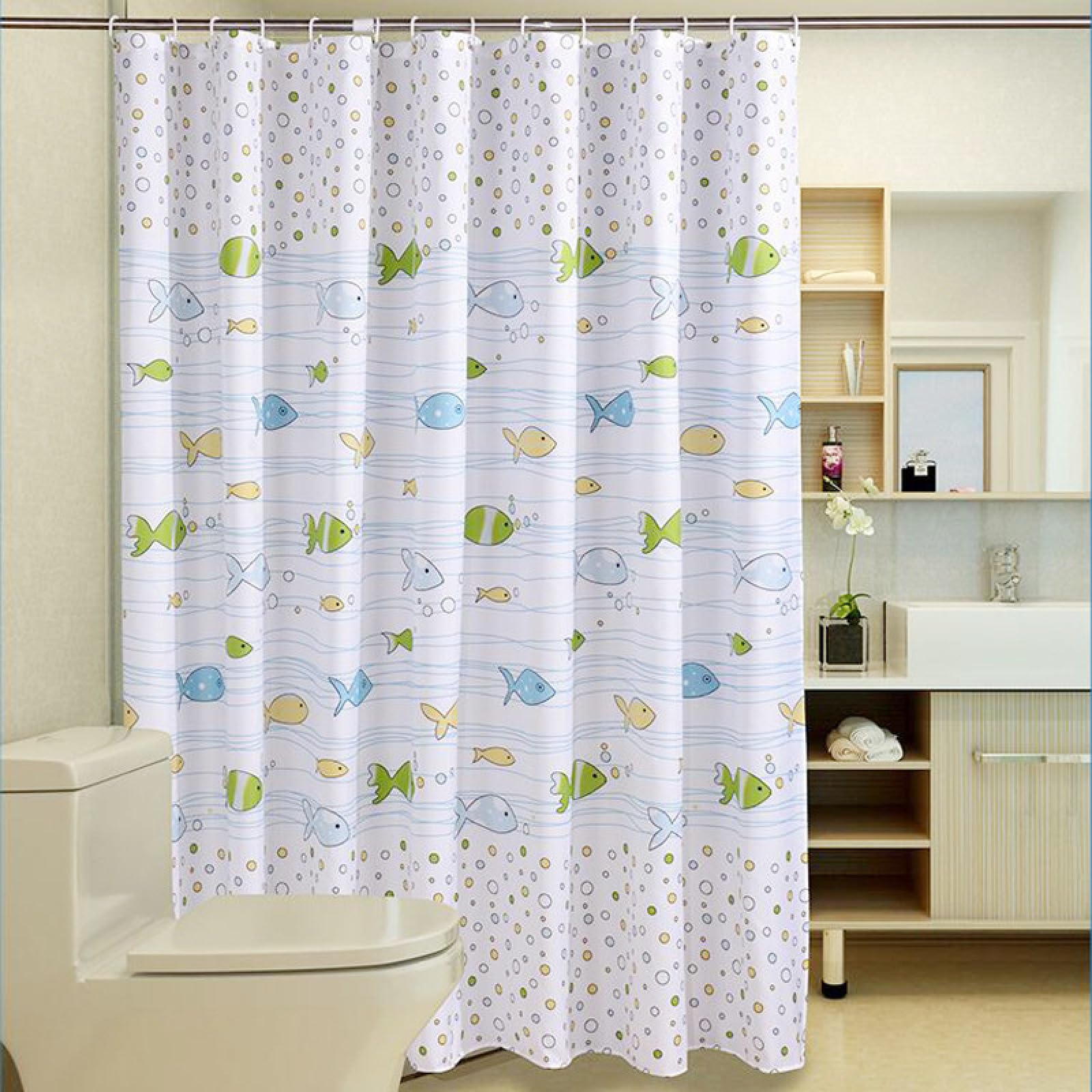 Shower Curtains Blue Green Fish Wet Room Shower Curtain Mould Proof Resistant Waterproof Polyster Fabric Washable with 12 Hooks Garden Bathroom Curtains (180x180cm)
