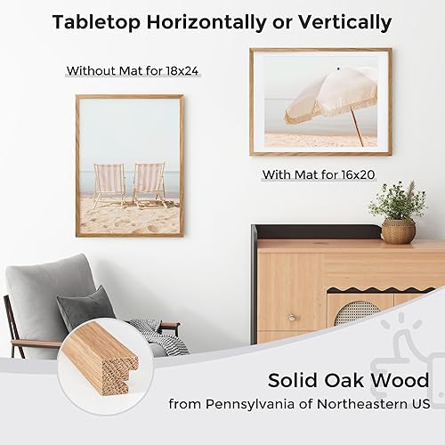 Miniatura 3 de Marco para póster de 18 x 24 pulgadas con paspartú de 16 x 20 pulgadas, marco de fotos de madera de roble macizo con vidrio templado, marco de fotos
