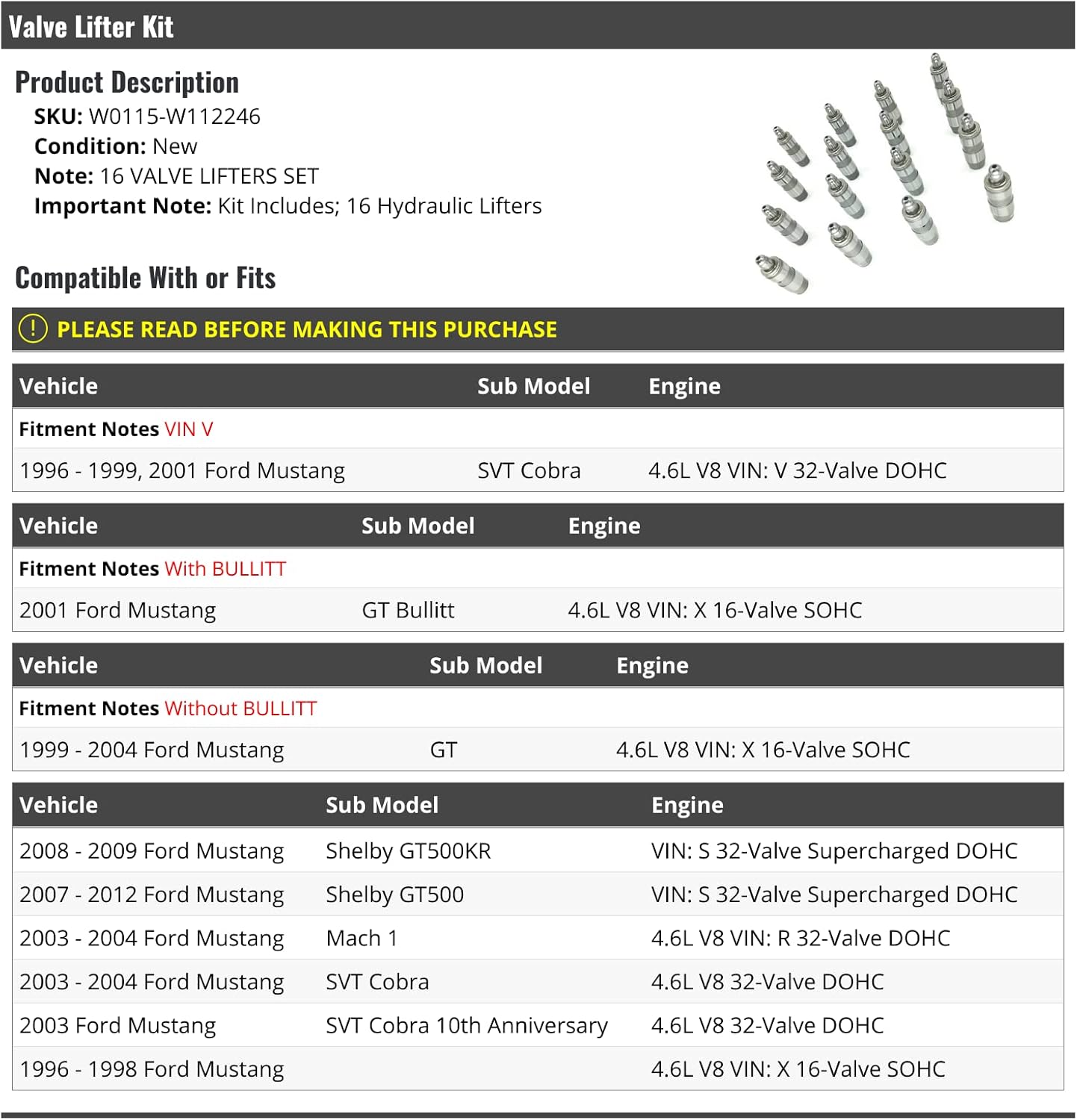 Marketplace Auto Parts Valve Lifter Kit - 16 Piece - Compatible with 1996-2004, 2007-2012 Ford Mustang 4.6L V8