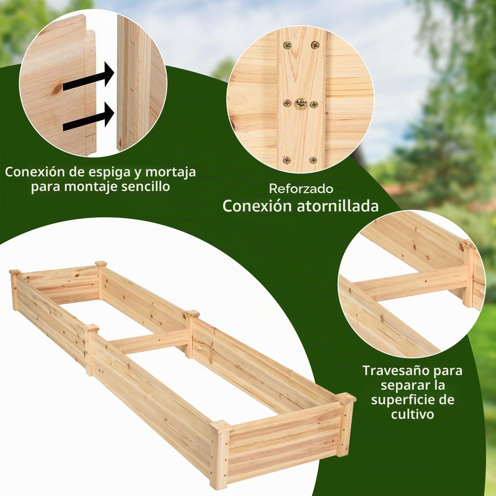GOPLUS Huerto Urbano de Jardín Elevado de Madera, Jardineras Exterior Grandes de Madera para Verduras, Flores, Hierbas y Frutas, Cama Elevada de Jardín para Patio Trasero, 240 x 60 x 25 cm (Natural)