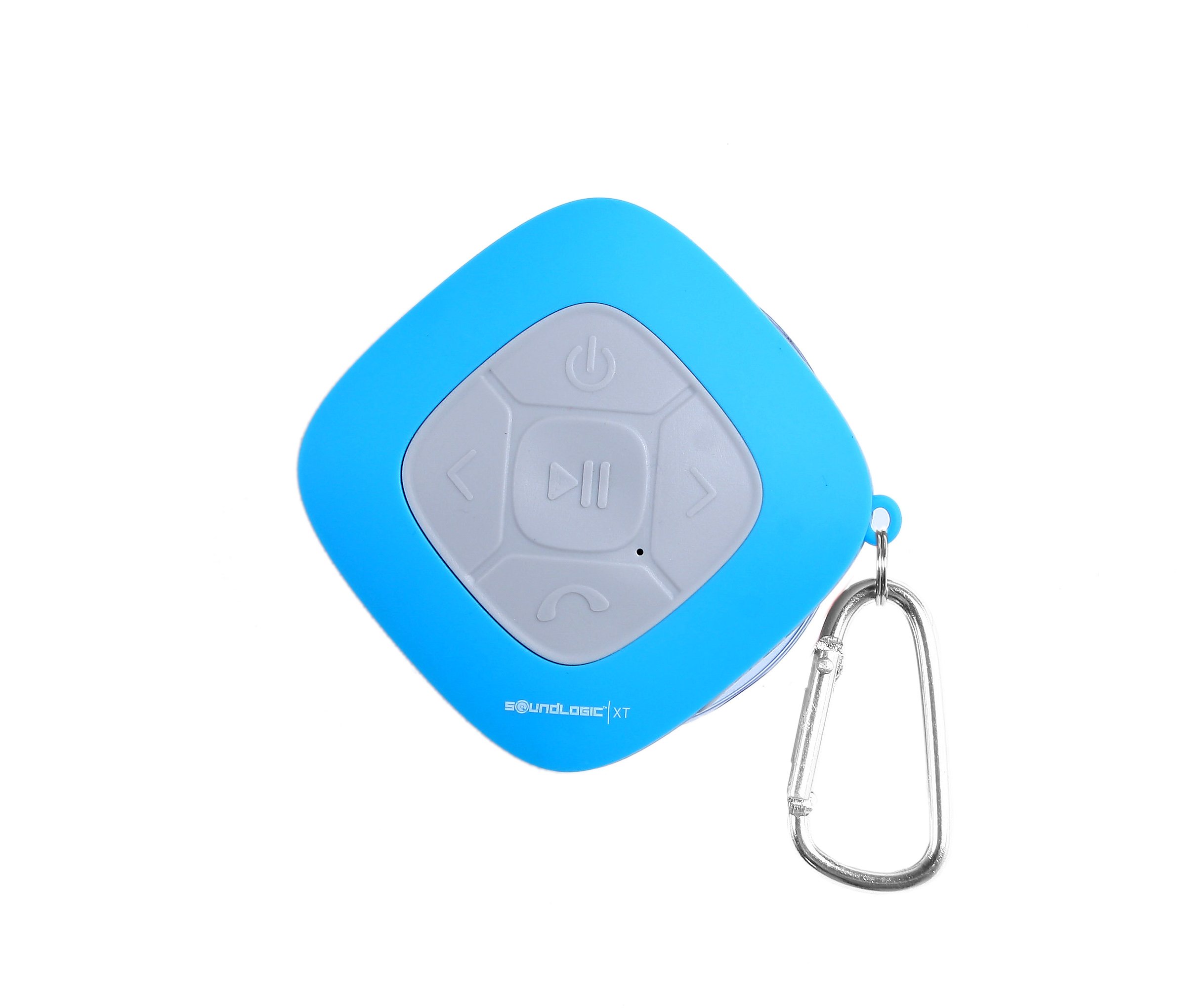 SoundLogic AWS-12/2970L Bluetooth Shower Speaker with control buttons, USB port, and carabiner clip