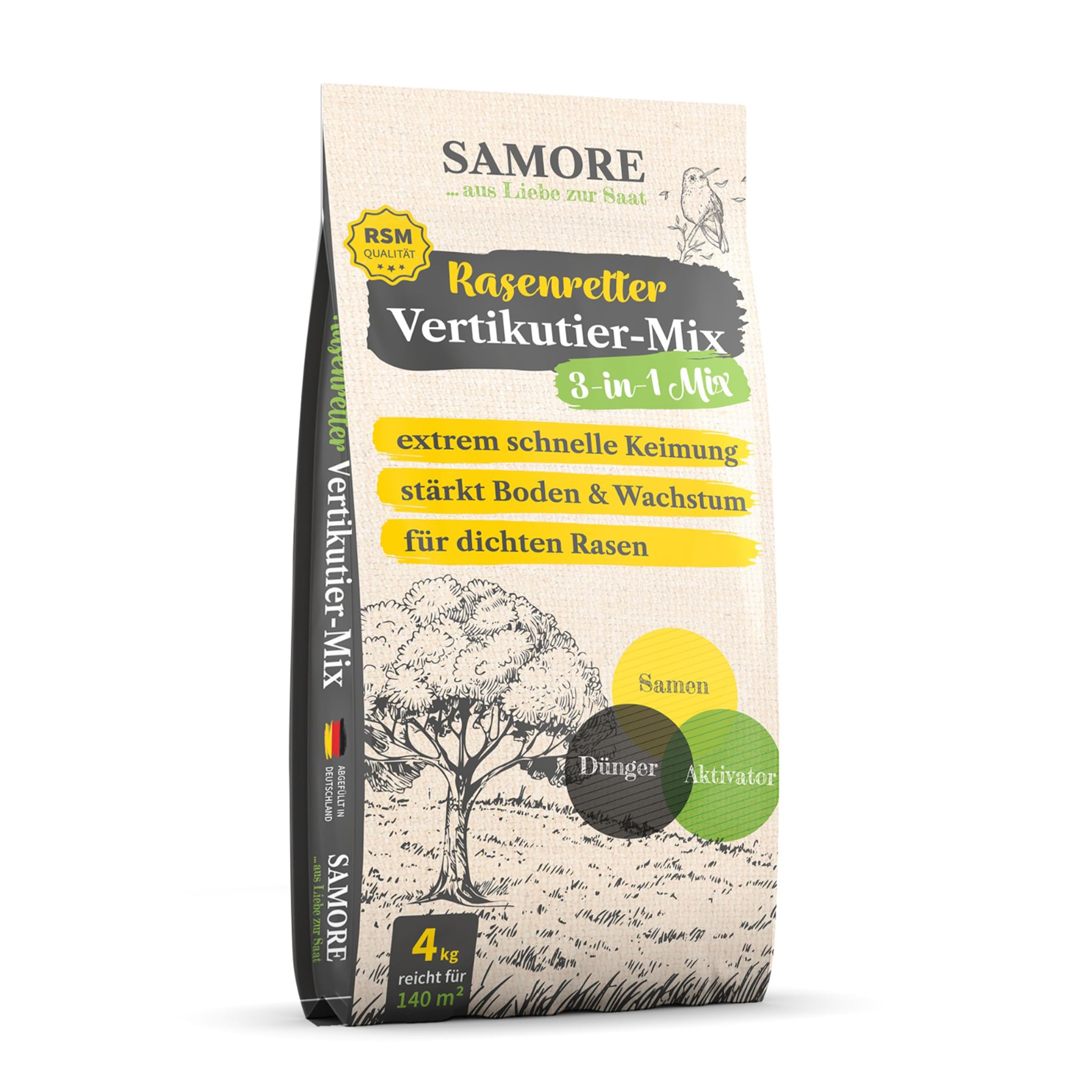samore - "Rasenretter" Vertikutiermix I Rasendünger, Rasensamen & Bodenaktivator I 3in1 Rasenreparaturmischung I Rasendünger Frühjahr mit Grassamen gegen kahle Stellen I Nachsaat (4 Kg für 140 m²)