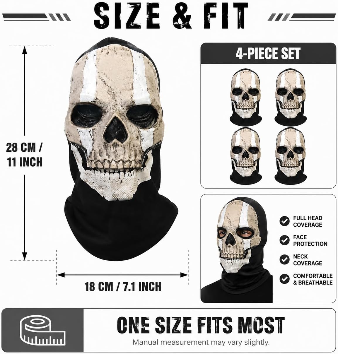 4PCS Ghost Mask Scary Skeleton Ski Mask Halloween Scream Skull Balaclava Ghostface Masks Cosplay Costume for Adults (4 Pack-A)