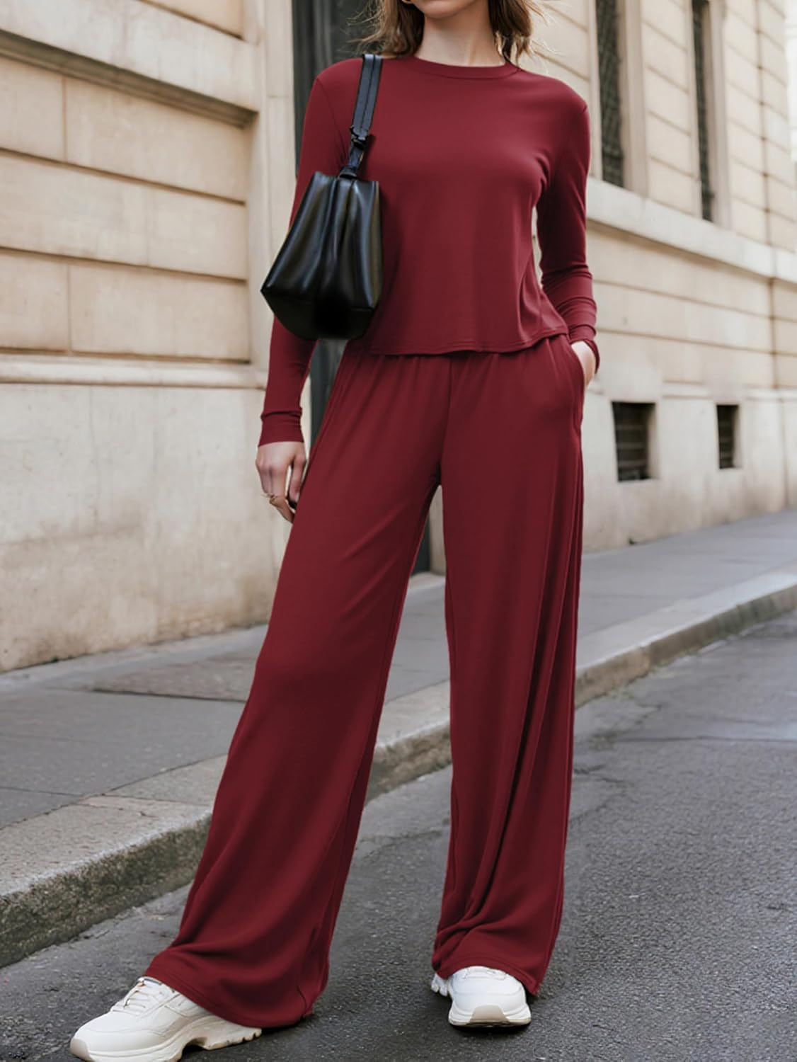 MASCOMODA Fall Lounge Sets for Women Crewneck Long Sleeve Tops Wide Leg Pants Casual 2 Piece Airport Travel Outfits Tracksuit - Image 6