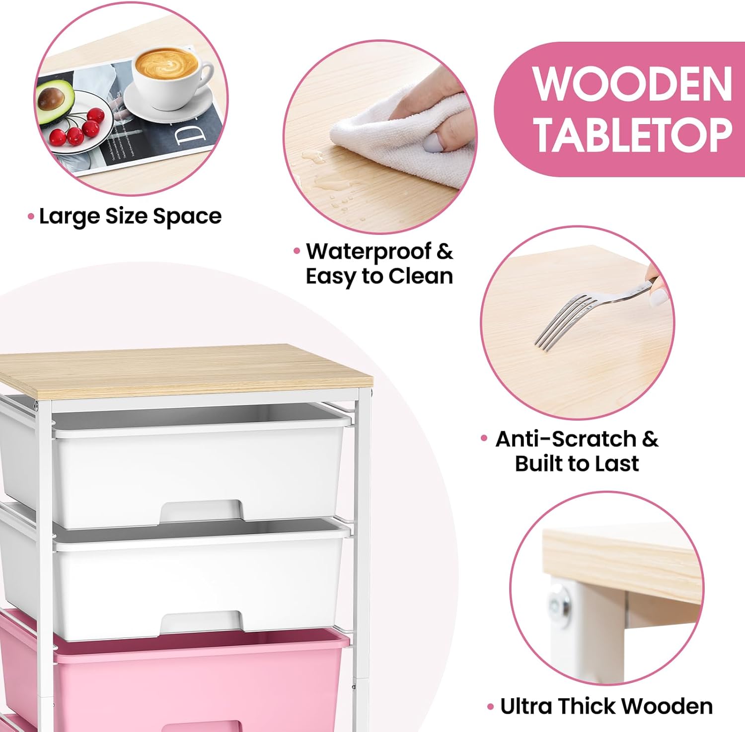 Rolling Storage Cart with Drawers,Utility Cart with 6 Large Drawers and Wooden Tabletop,Craft Storage Cart with Lockable Wheels for Bedroom, Office, Classroom, Kids'Room, Living Room (Pink)