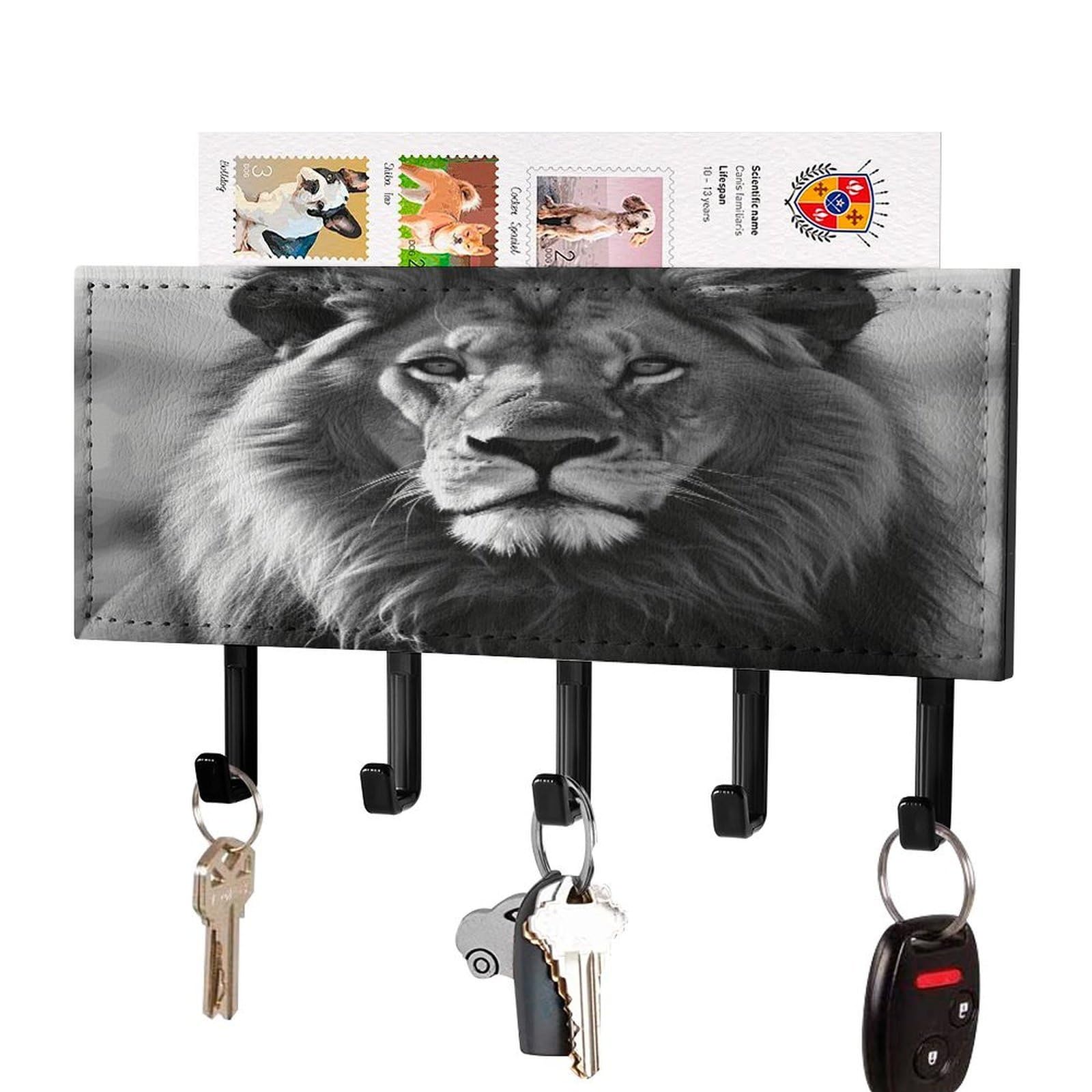 Vstadank Black-Style African Lion Black And White Key Holder For Wall Mount With 5 Hooks Decorative Key And Mail Holder Farmhouse Wall Hooks With Shelf Pu Leather Key Rack With Mail Holders For Entryway Home