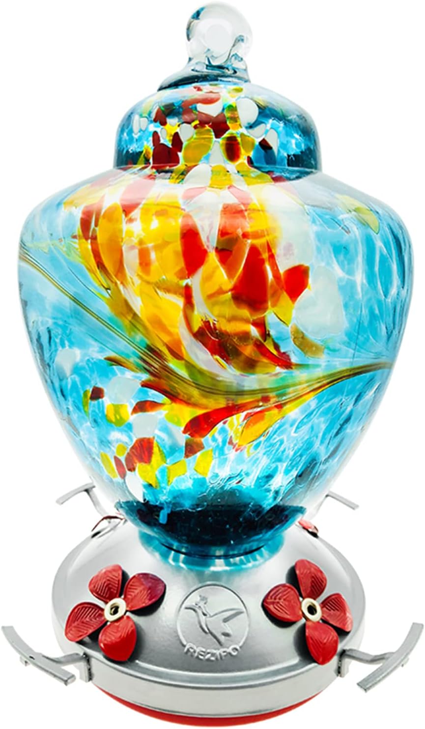 REZIPO Hummingbird Feeder with Perch - Hand Blown Glass - Blue - 37 Fluid Ounces Hummingbird Nectar Capacity Include Hanging Wires and Moat Hook