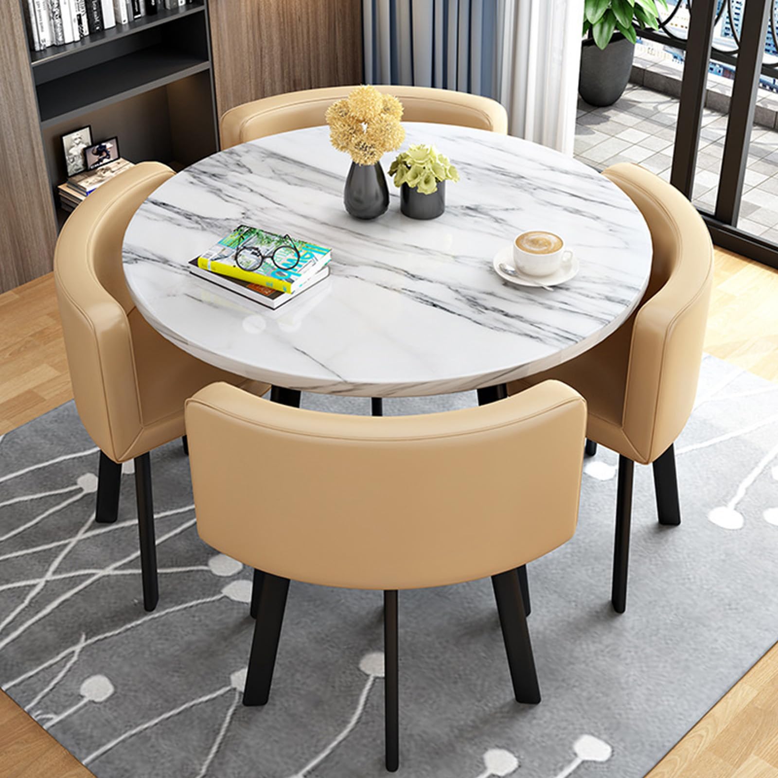 OLSKFUH Compact Square/Round Dining Table Set With 4 Chairs - Modern Space-Saving Dining Room Furniture For Small Spaces Balconies Living Rooms And Kitchens 80Cm/31.5In,Leathert-80cm/31.5in