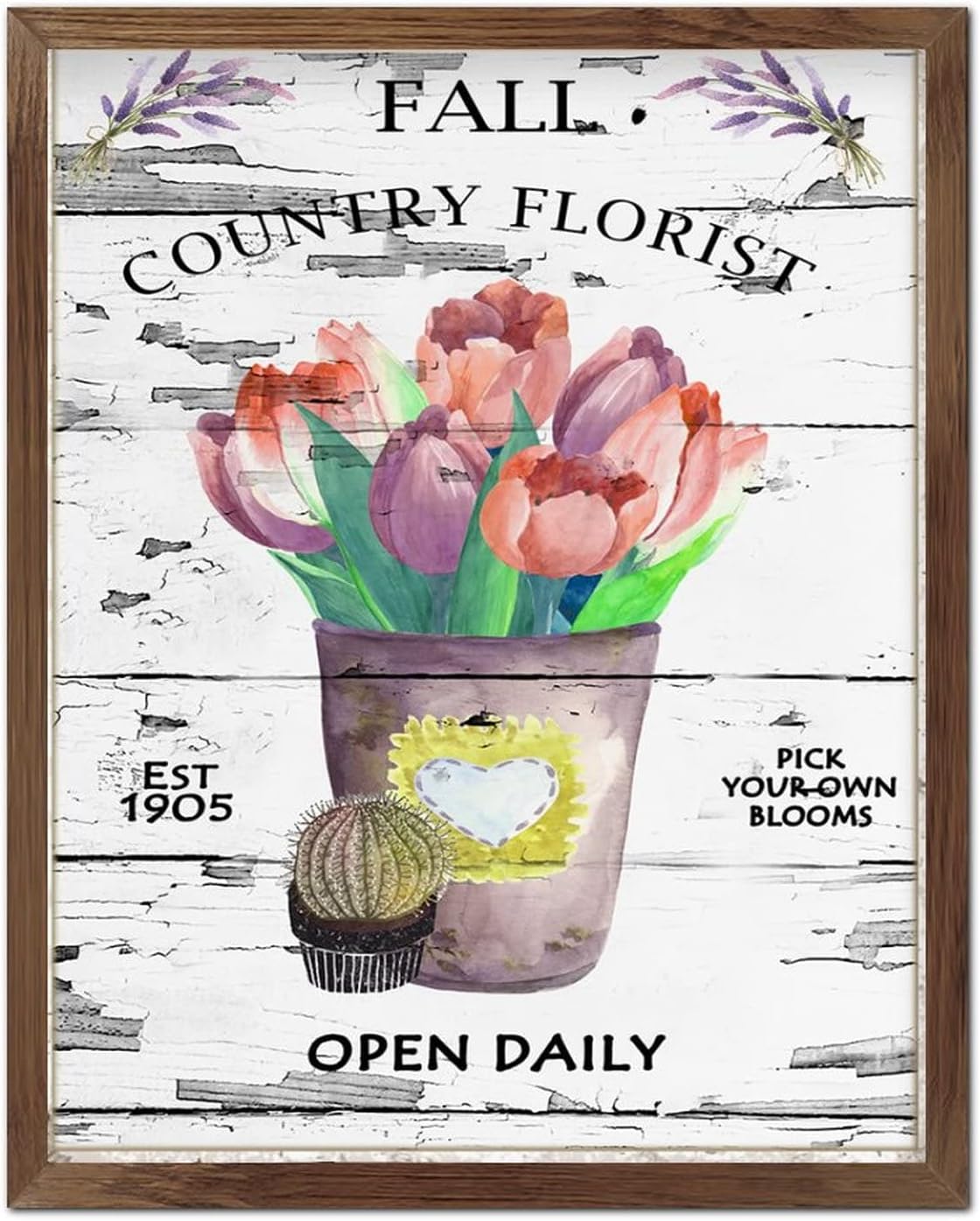 Country Florist Open Daily Framed Wooden Sign Fresh Purple Orange in Vase Wooden Wall Sign Retro French Floral Wall Art Hanging Decorative for Living Room Bedroom Front Door Office 20x16inch