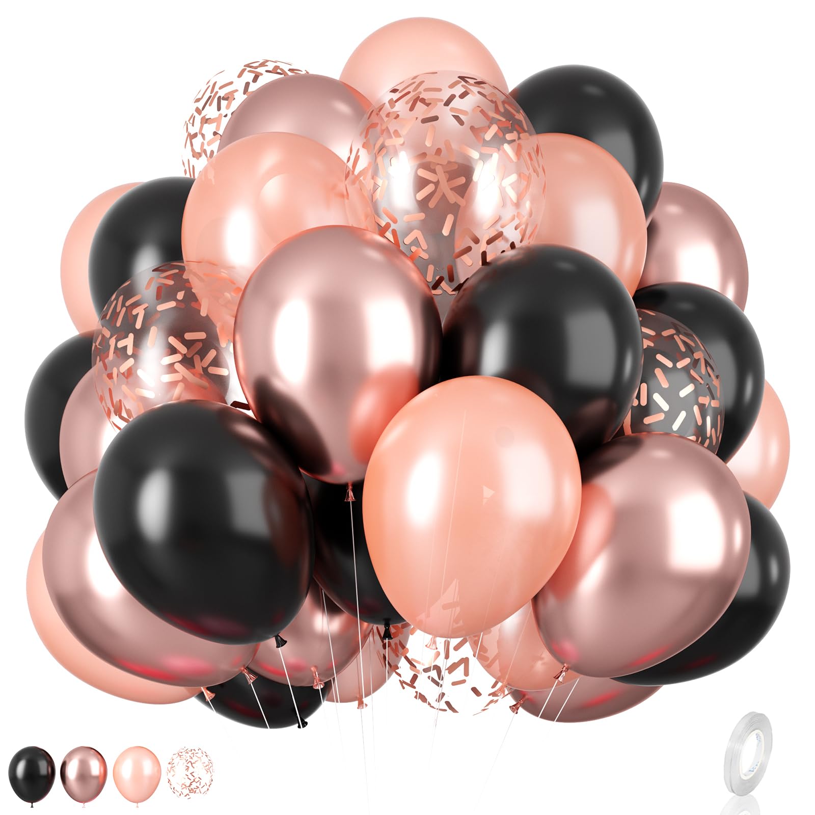 Metallic Rose Gold Balloons Set - 12 inch Pearl Rose Gold & Black Latex Balloons - Confetti Included - Perfect for Birthday, Baby Shower, Wedding Parties