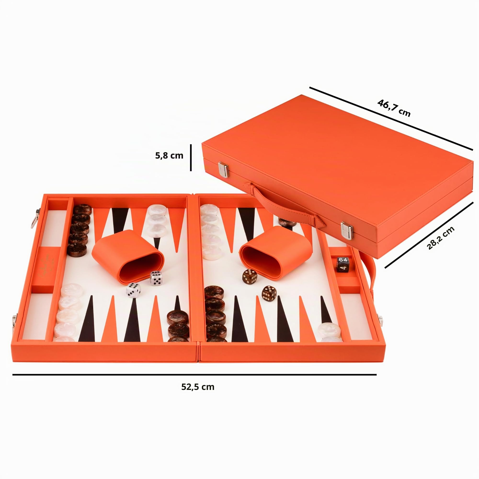 Engelhart-250565 – Backgammon 18 Zoll (46,7 cm) Luxus Koffer Kunstleder Orange – Intarsienbrett – Offen 56,4 × 46,7 cm – Schwarz/Orange Steine – Würfel & Becher – Klassisches Brettspiel