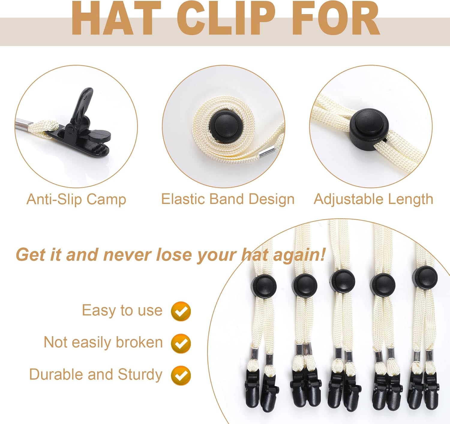 Sucrain 5 Pieces Adjustable Hat Strap Clips Hat Chin Cord for Golfing, Fishing, Boating - Image 4