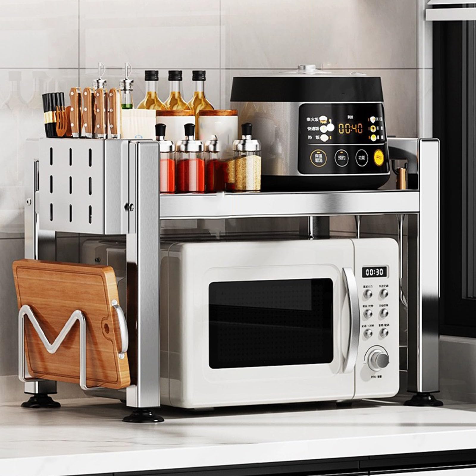 Étagère Micro-Onde en Acier Inoxydable Épais, Rangement de Vaisselle Design et Haute Résistance