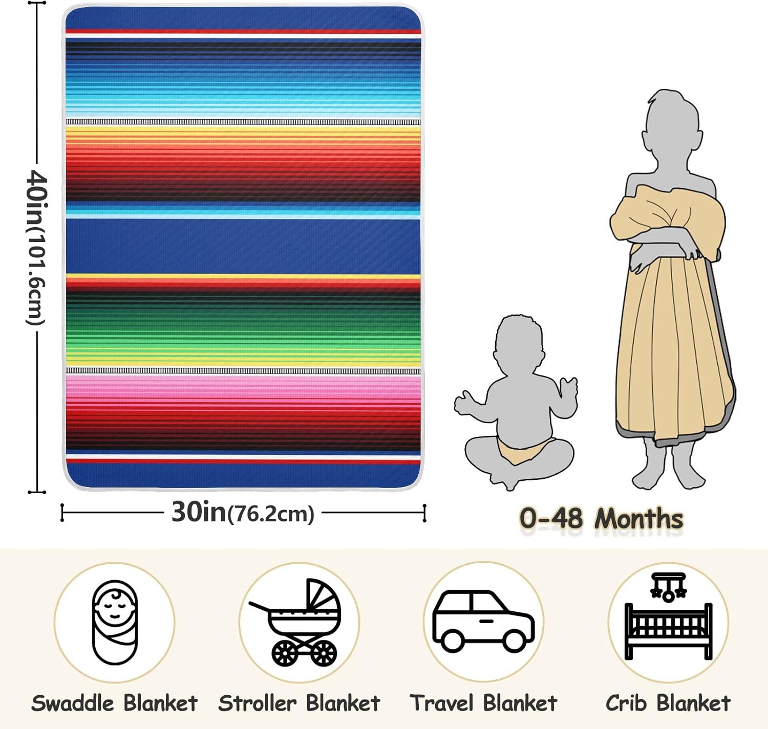 Kigai Mexican Serape Blanket Stripes Baby Blankets for Crib Stroller Nap, Warm Cozy Soft Receiving Blankets Unisex for Boys, Girls, Kids, Toddler, Infant - 30x40 inches