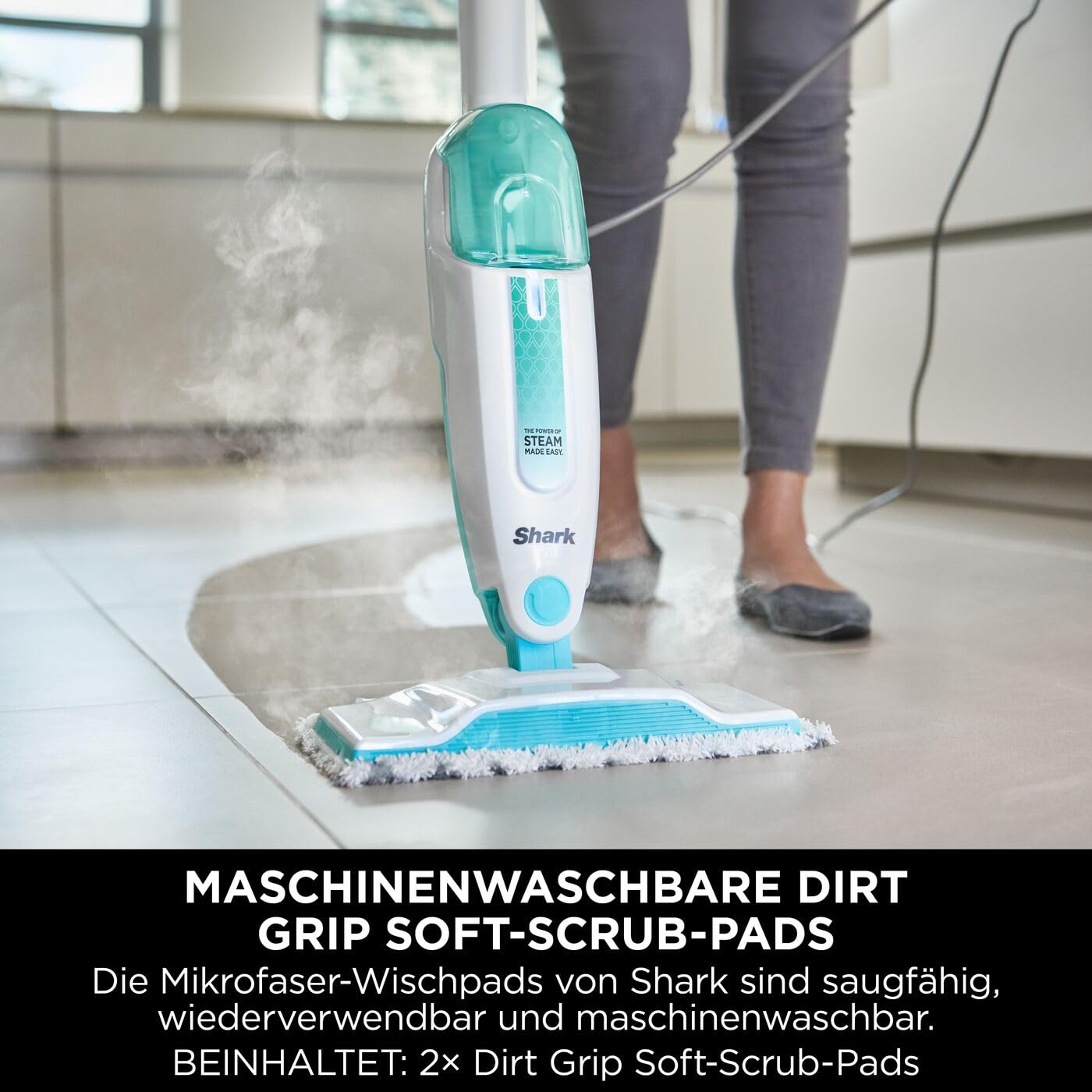 Shark Dampfreiniger, leichter Dampfreiniger für Hartböden mit 2 maschinenwaschbaren Reinigungspads und Füllflasche 375ml, 5.5 m Kabel, 30 Sekunden Aufheizzeit, Weiß & Grün S1000EU
