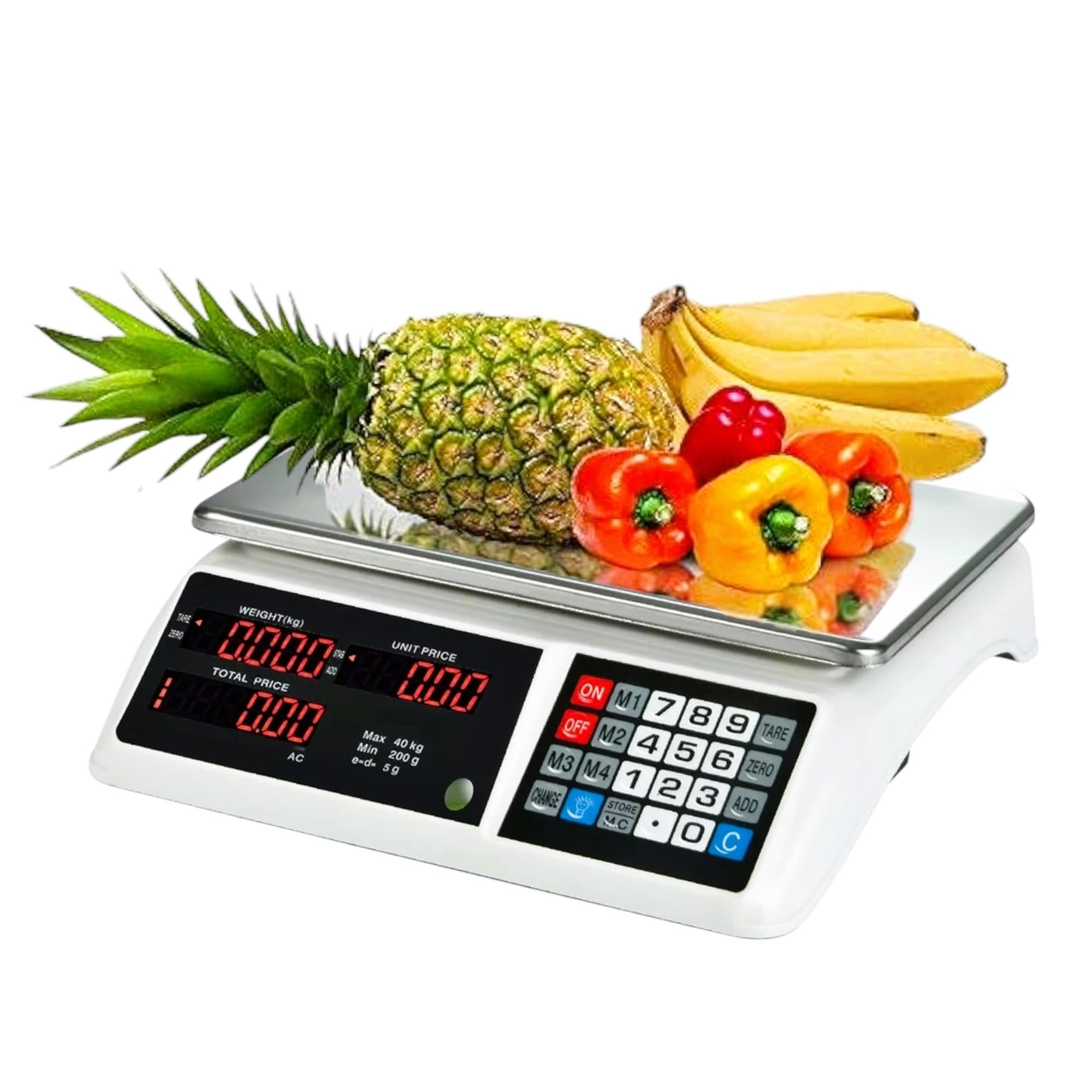 Bascula balanza Comercial para Pesar Fruta, verdura Peso 40kg Suma 2 en 1 bateria interna y corriente 220V inalambrica pantalla delantera y trasera