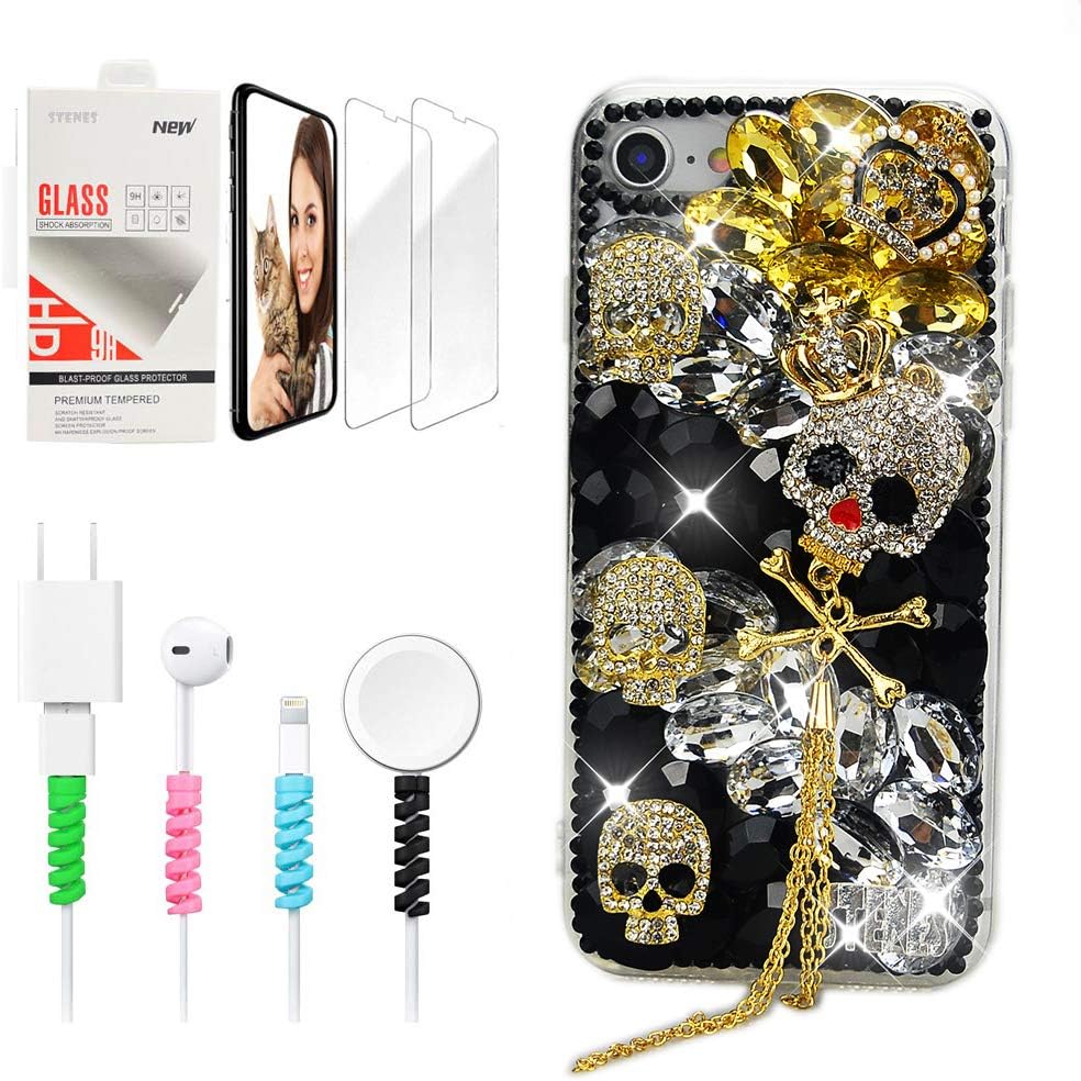 STENES Sparkle Case Compatible with iPhone Xs Max - Stylish - 3D Handmade Bling Crown Skull Tassel Design Cover Case with Screen Protector & Cable Protector - Gold&Black