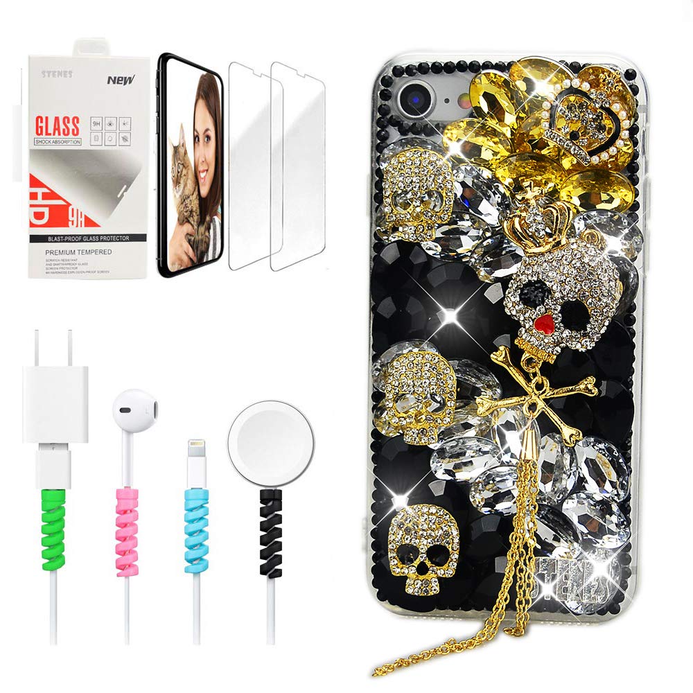 STENES Sparkle Case Compatible with iPhone Xs Max - Stylish - 3D Handmade Bling Crown Skull Tassel Design Cover Case with Screen Protector & Cable Protector - Gold&Black