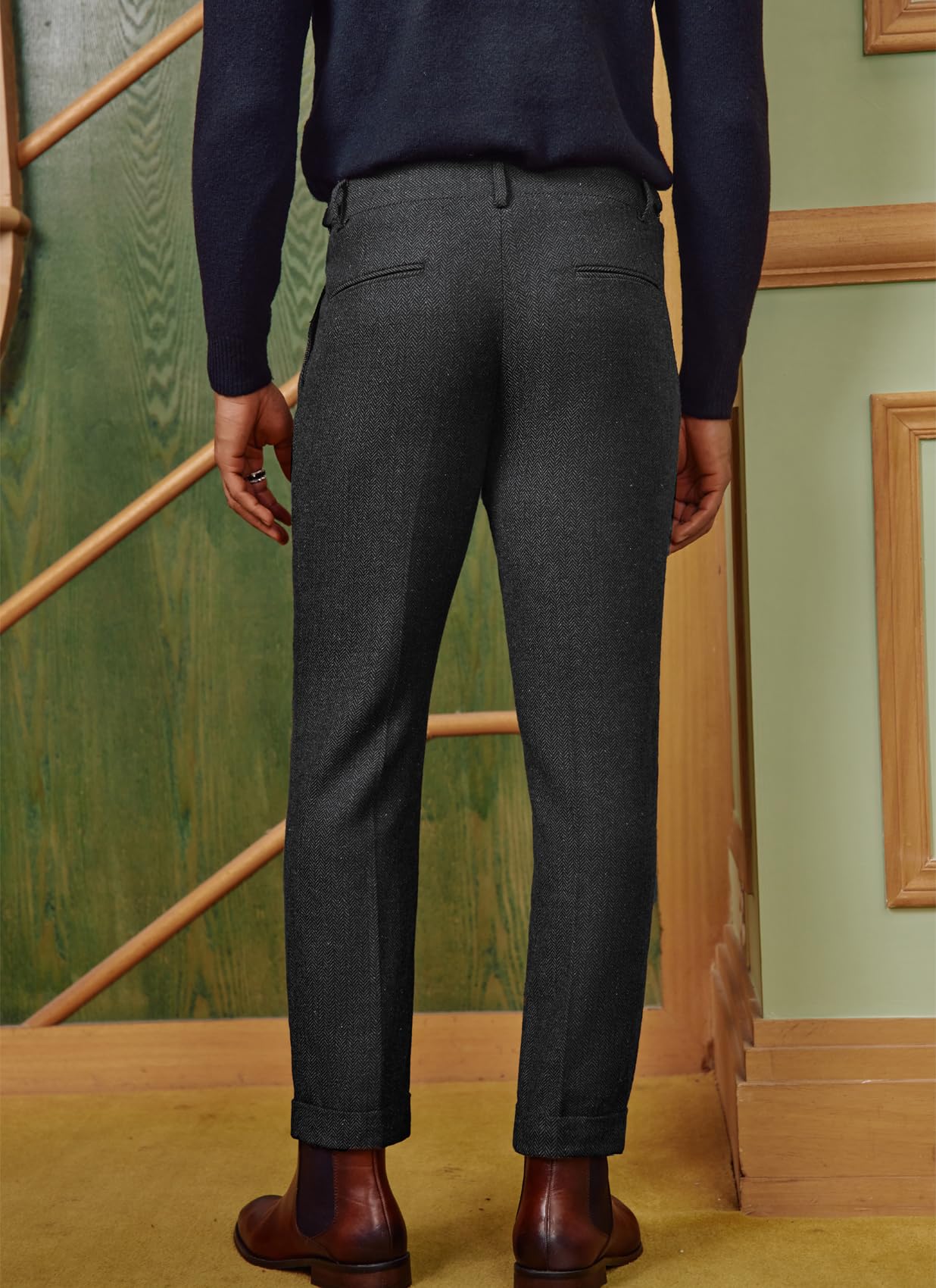 PJ Paul Jones Pantaloni Vintage da Uomo in Tweed a Spina di Pesce Pantaloni a Pieghe, Nero e Grigio., L