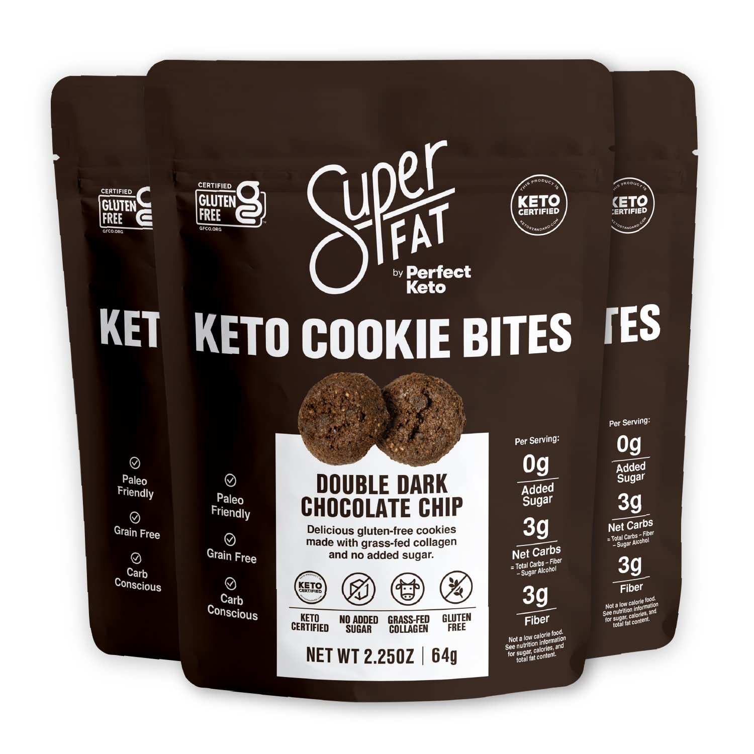 SuperFat Cookies Keto Snack Low Carb Food Cookies, Double Chocolate Chip 3 Pack - Gluten Free Dessert Sweets with No Sugar Added for Paleo Healthy Diabetic Diets