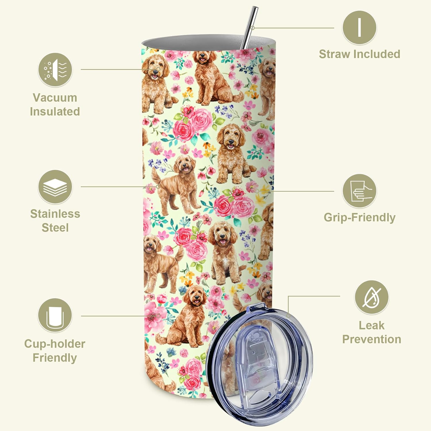 Goldendoodle Gifts for Women, 20oz Stainless Steel Insulated Tumbler Travel Mug Cup with Lid Straw Brush, Gifts for Dog Mom Dog Lover - Image 3