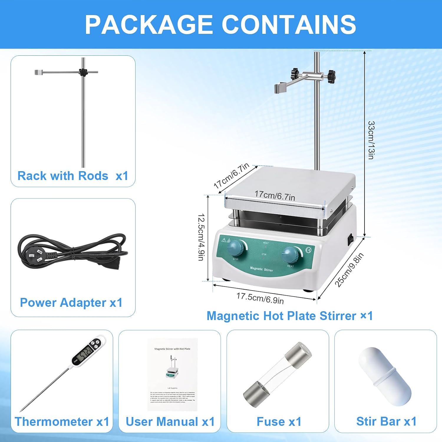 Magnetic Stirrer Hot Plate, Mixer with 5L Stirring Capacity, Up to 520°F, 0-2000 RPM Adjustable Speed, 6.7 x 6.7 inch Hot Plate, Includes Magnetic Stir Bar & Support Stand