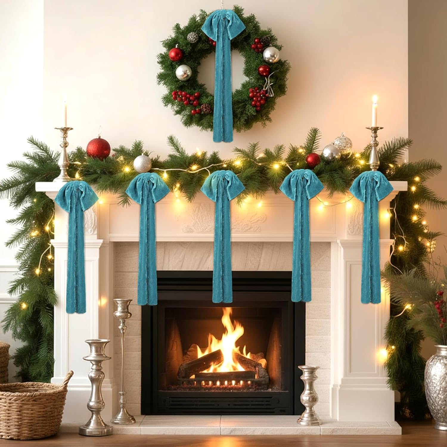 8 Pcs Extra Large Valentines Day Velvet Bows, 17.7 x 8.7 Vintage Raw Edge Ribbon Swag Bows for Romantic Home Decor, Door Wall Mantel Hanging Decorations(Blue Grey,8.7 x 17.7 x 3 in)