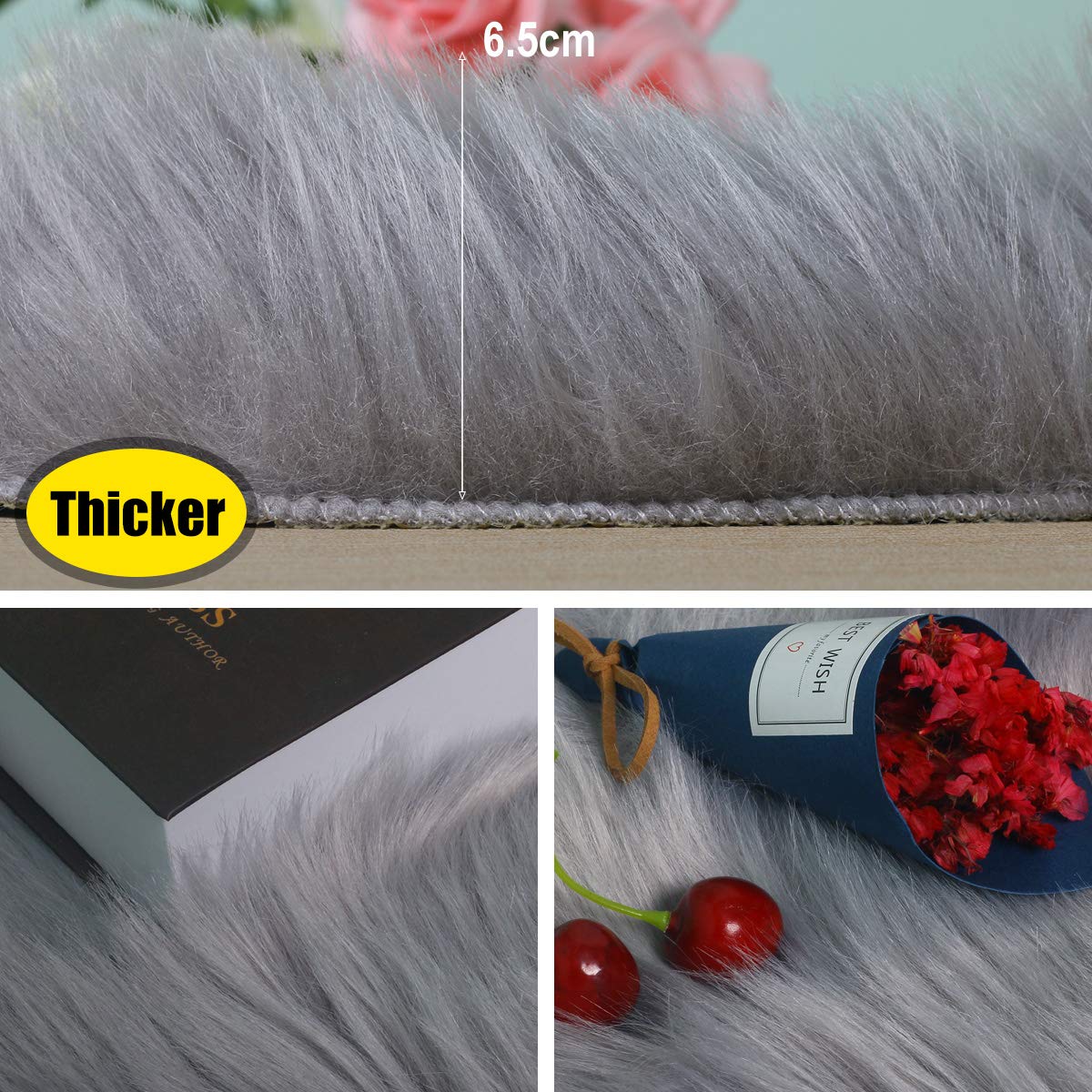 HEQUN Faux pelliccia di agnello di pecora tappeto, pelliccia sintetica decorativa Soffice Pelliccia di agnello imitazione Tappeto Longhair effetto pelliccia divano letto(80 X180 CM, Grigio)