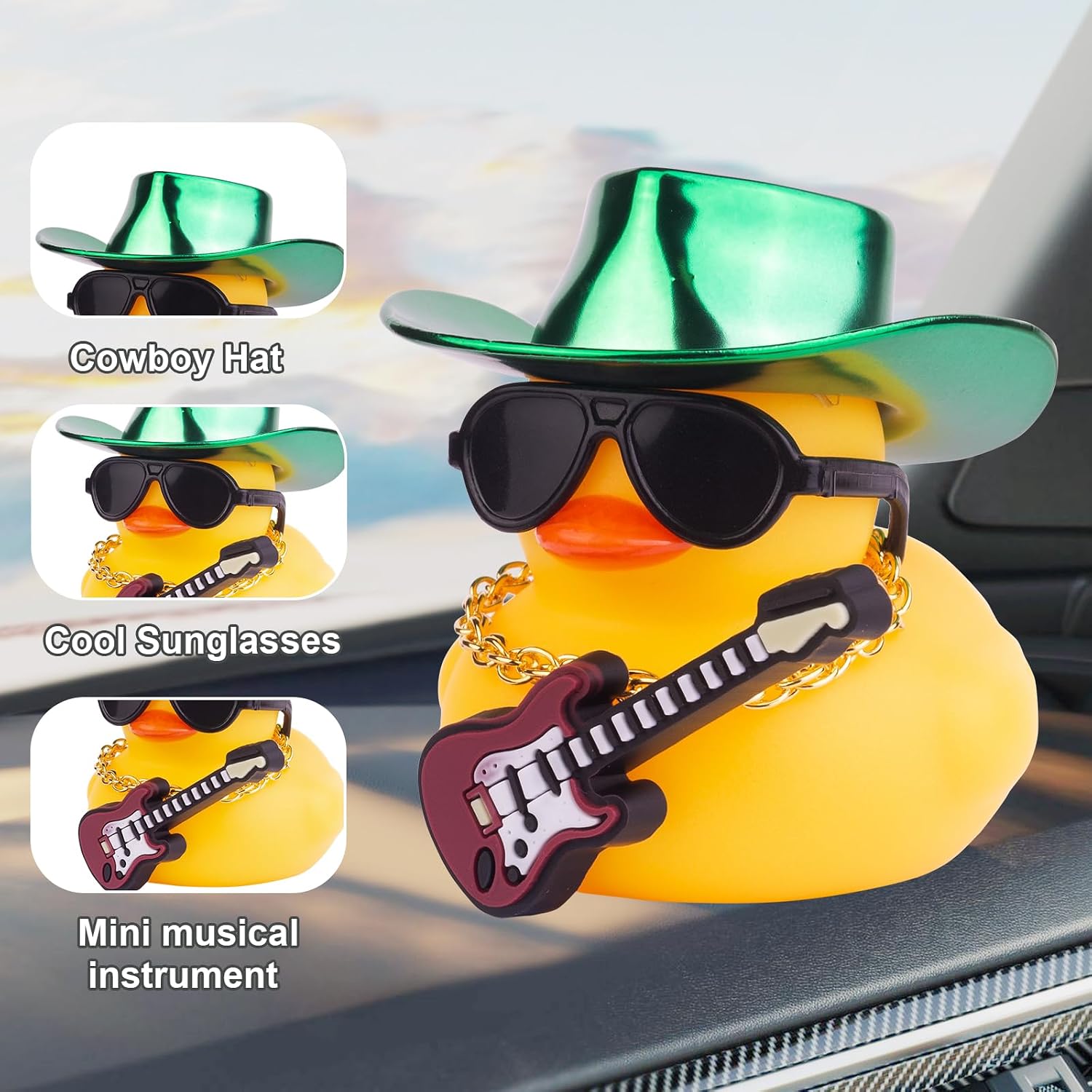 Car Yellow Rubber Duck, Duck Dashboard Decoration with Cowboy Hat Necklace Sunglasses Mini Musical Instrument for Car Dashboard Decorations (ROSEO-Hat)