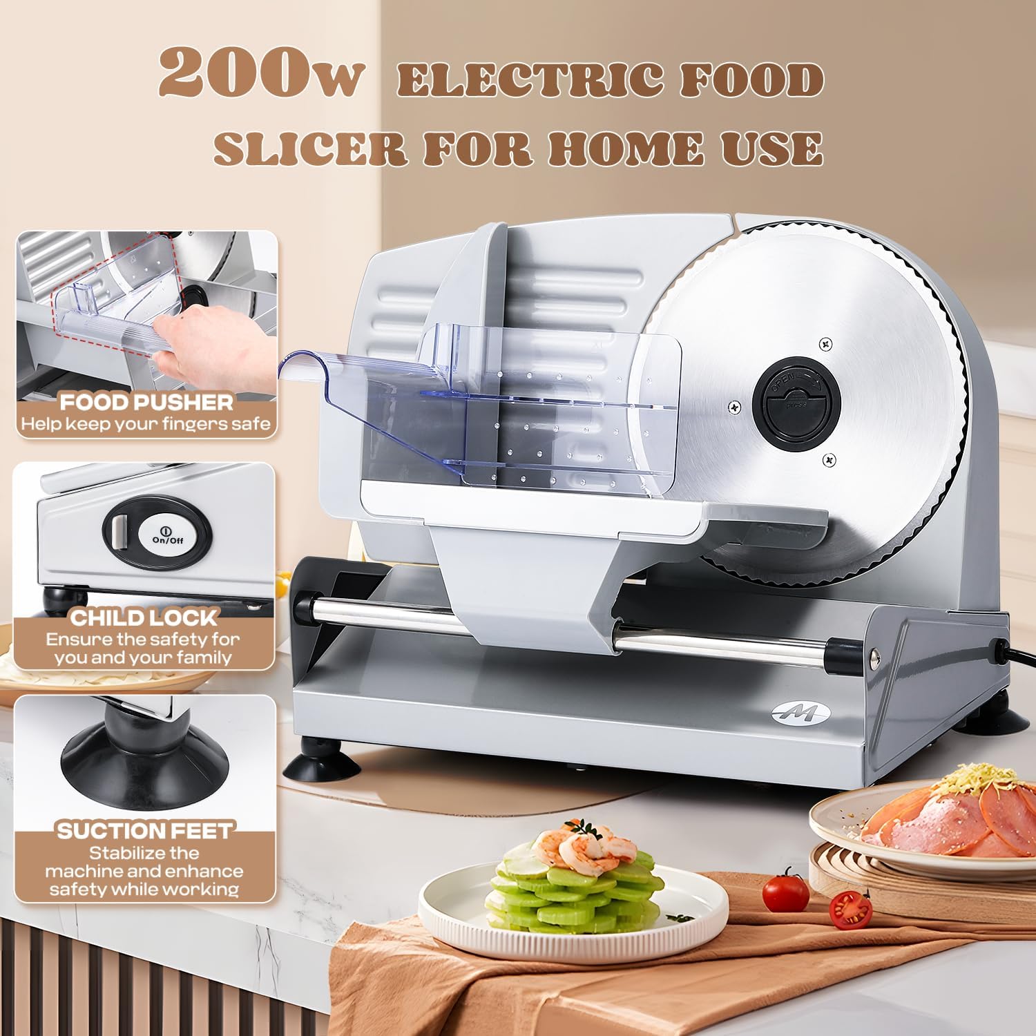 Moongiantgo Electric Meat Slicer 200W With 2 Removable 7.5’’ Stainless Steel Blades, 0-15MM Adjustable Thickness for Home Use, Child Lock Protection, Meat Cheese Bread Deli Food Slicer Machine, 110V