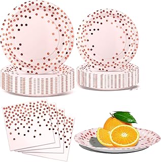 Hapurs 100 Pcs Party Tableware Set, White and Gold Polka Dot Party Tableware Includes Reusable Plates, Napkins, White and ...