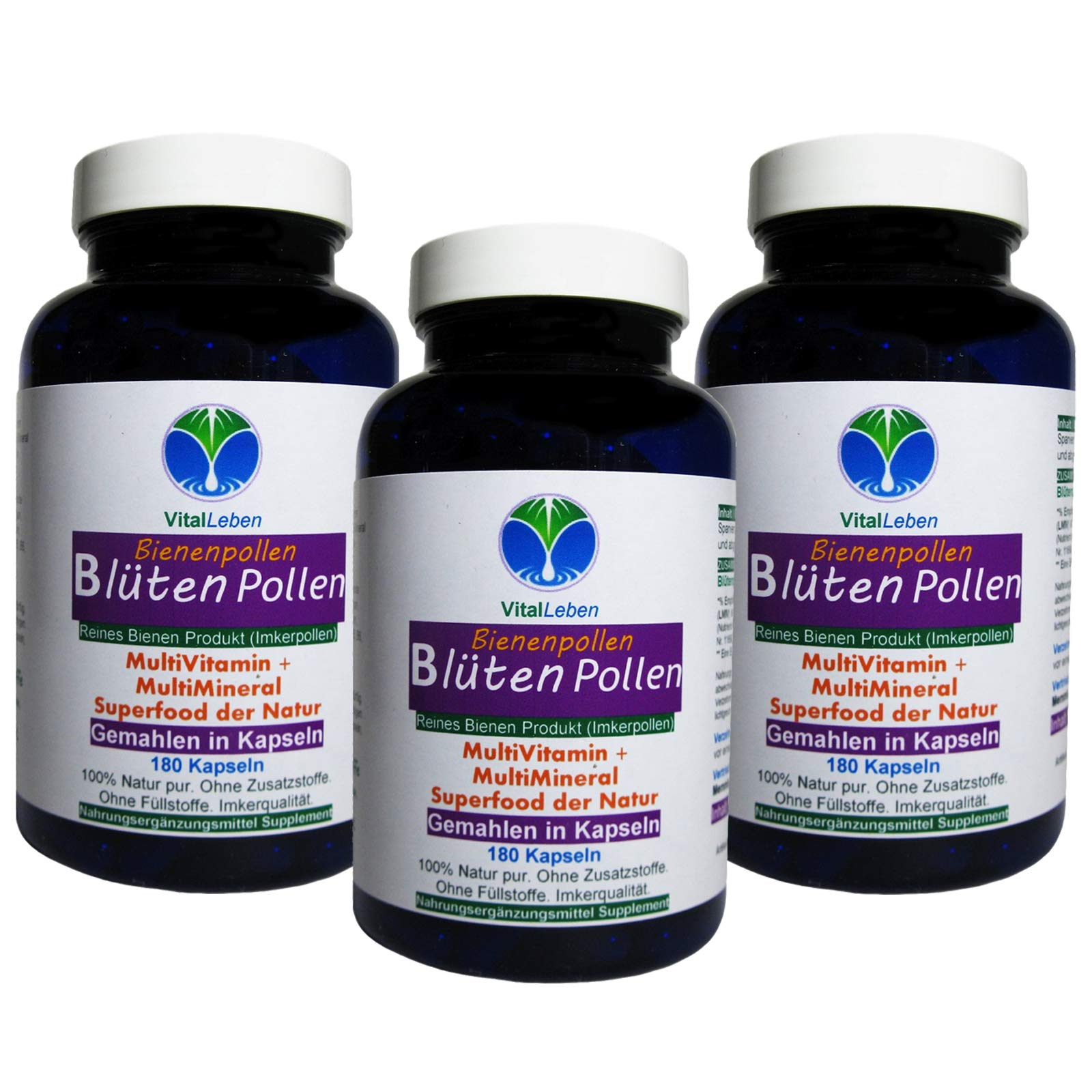 BLÜTENPOLLEN Bienenpollen 540 (3x180) Pulver Kapseln OHNE ZUSATZSTOFFE natürliche Vitamine Mineralien Antioxidantien. Imkerpollen, Imkerqualität. Kalt vermahlen. 100% NATUR pur. 27000-5
