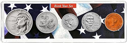2026 P Birth Year Coin Set in American Flag Holder - Philadelphia Mint (P) - Dual Dated Coins - Semiquincentennial Coin Collection SemiQ Uncirculated