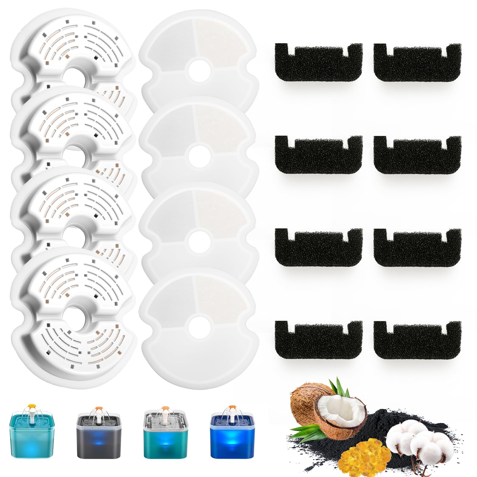 KOMABLEN 8 Piezas Filtros Fuente Gatos, 8+8 Filtro Fuente Gato Redondo de Repuesto, Filtración Cuádruple Filtro Bebedero Fonte de Agua Carbón Activado de Resina Perro Animal