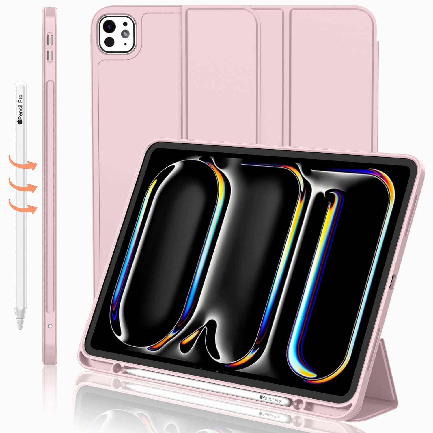 iMieet Case for iPad Pro 11 Inch (M5) 2025 /(M4) 2024 5th Gen, Trifold Stand Smart Cover with Pencil Holder and Soft TPU Back, Auto Wake/Sleep (Pink)