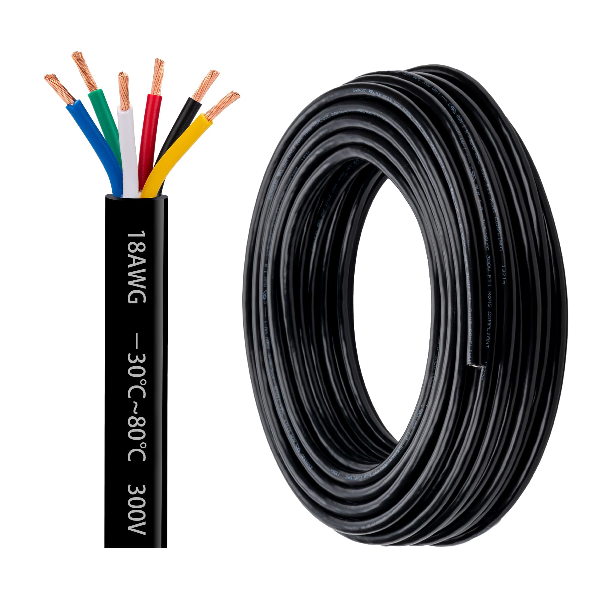 18 Gauge 6 Conductor Electrical Wire 18 AWG 6 Wire Oxygen-Free Copper PVC Stranded 50FT 18/6 Core Wire for LED Lighting Outdoor Low Voltage Extension