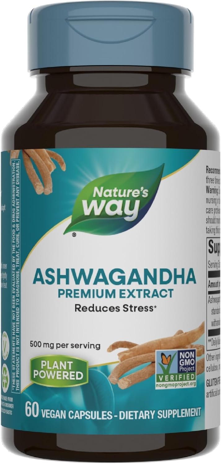 Nature’s Way Ashwagandha, Reduces Stress*, Premium Extract, Adaptogenic*, Non-GMO Project Verified, Vegan, 60 Capsules