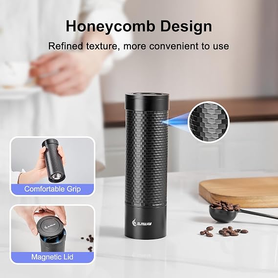 Honeycomb Portable Electric Coffee Grinder, 5-Star Stainless Steel Burr, Metal Body, One-Touch Auto-Stop, with Travel Case for Espresso, Moka Pot, Pour Over & French Press, Black
