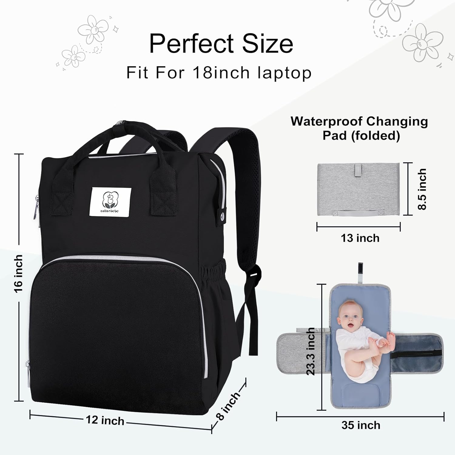 Diaper Bag with Changing Pad, Large Baby Bags Backpack with Stroller Straps & Insulated Pockets, Multifunction Waterproof Travel Diapers Back pack for Women & Man, Black