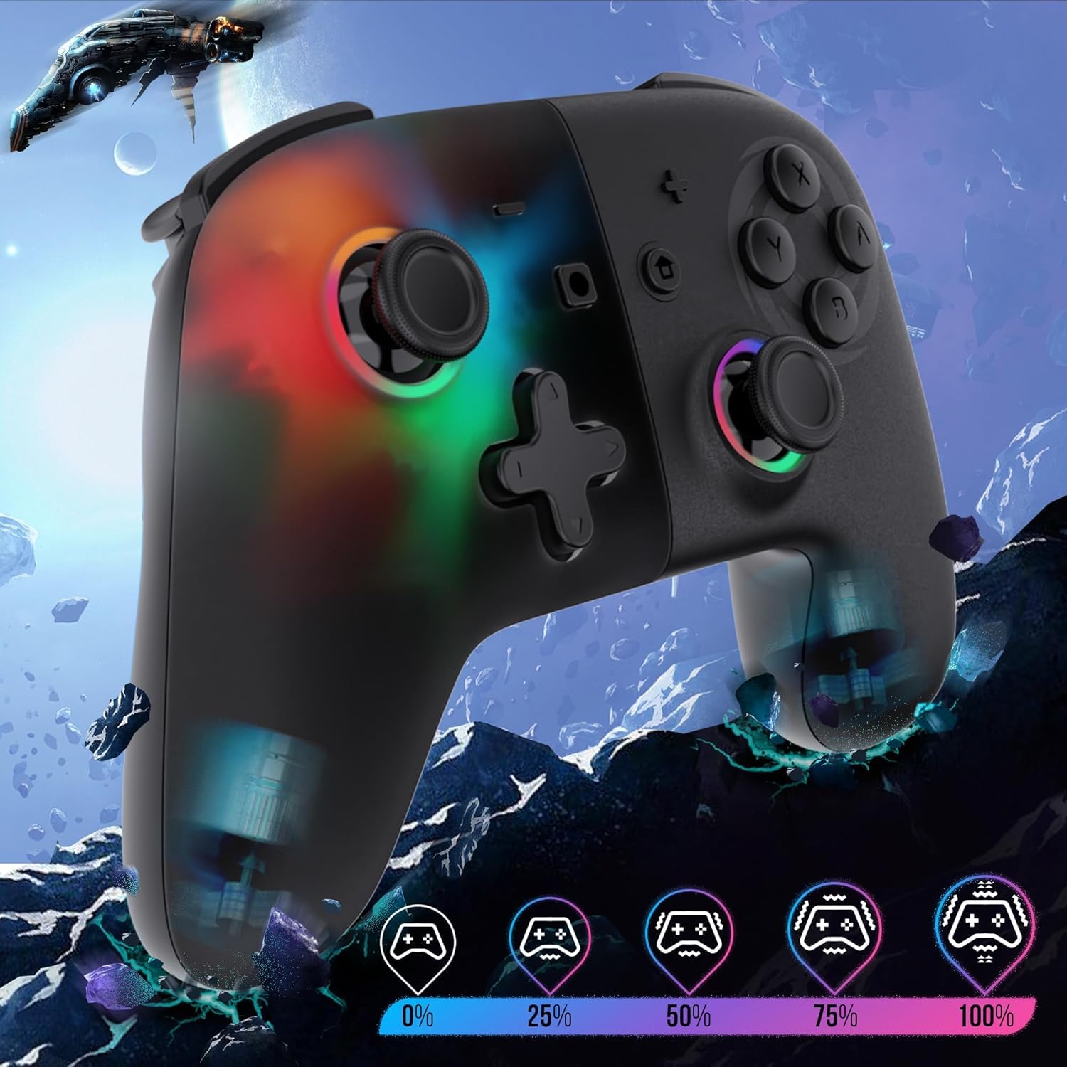 Black Star - Controller Switch Wireless LED Bluetooth per Switch, Switch OLED, Switch Lite (Compatibile con iOS e Android) - Vibrazione - modalità Turbo - Giroscopio a 6 Assi - Nero